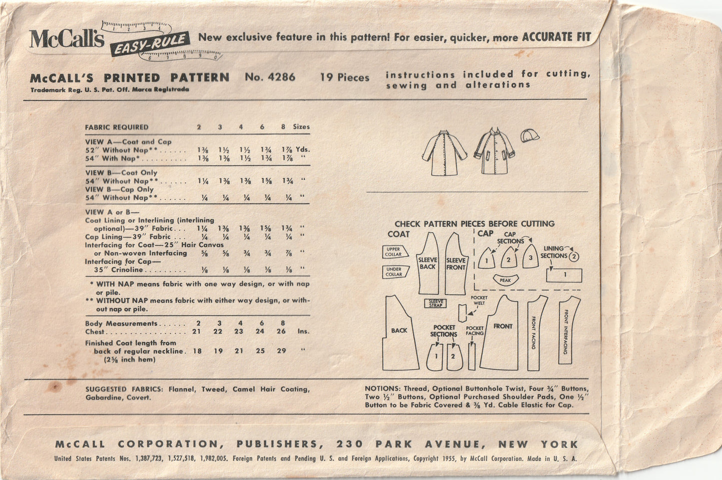 McCall's 4286 Toddler Boys Classic Coat & Cap 1950s Vintage Paper Sewing Pattern Size 3