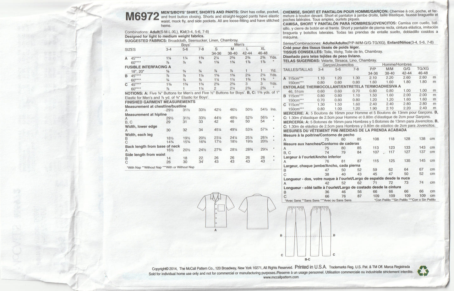 McCall's 6972 EASY Mens or Boys Shirts Shorts & Pants Paper Sewing Pattern UNCUT Factory Folded