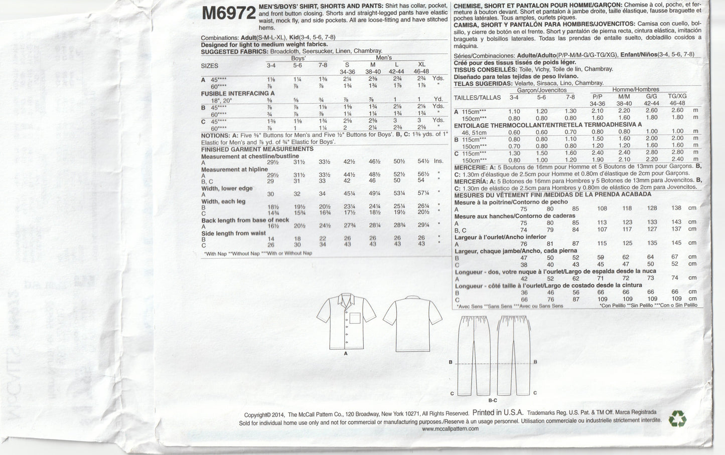 McCall's 6972 EASY Mens or Boys Shirts Shorts & Pants Paper Sewing Pattern UNCUT Factory Folded