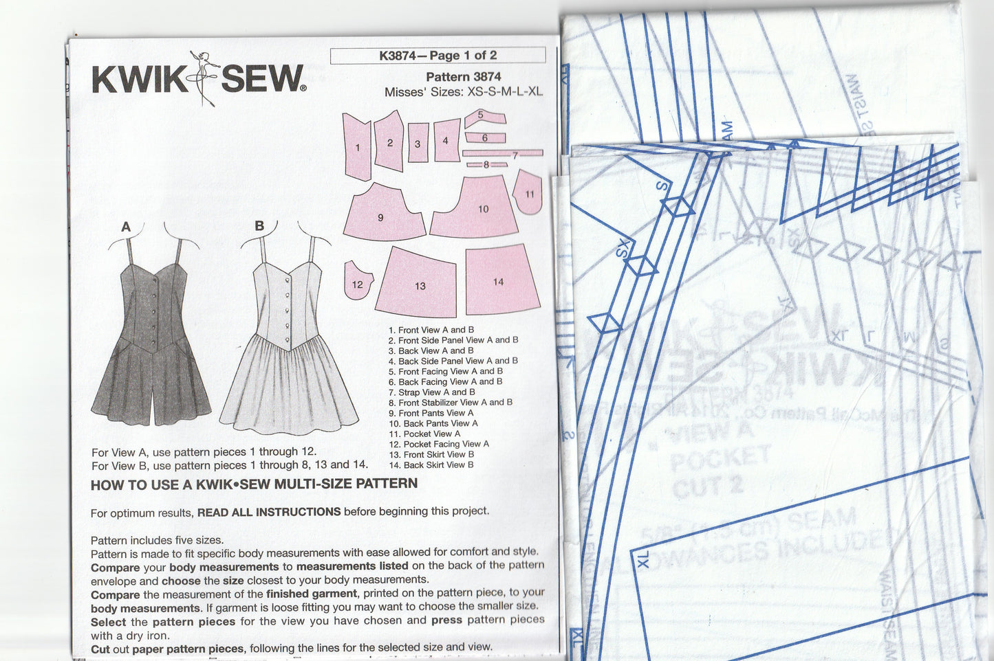 Kwik Sew 3874 Womens Sundress & Romper Jumpsuit Out Of Print Paper Sewing Pattern Size XS - XL UNCUT Factory Folded