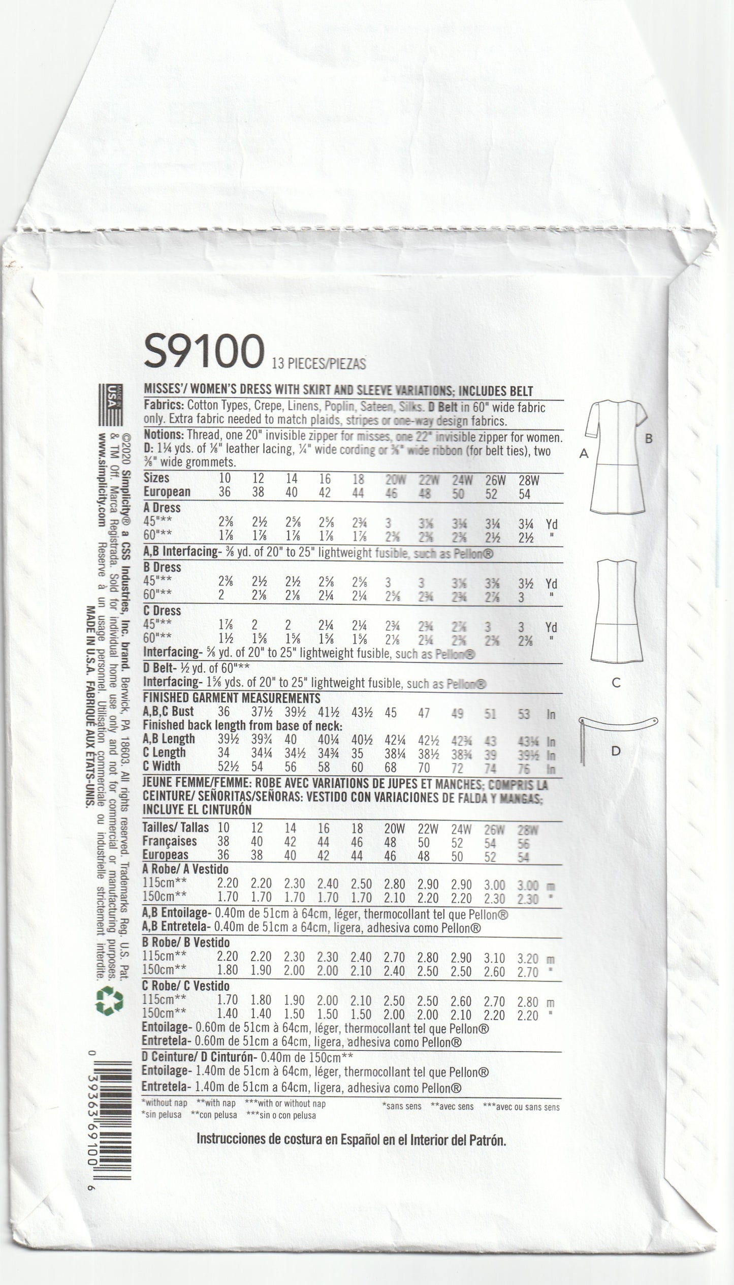 Simplicity 9100 Womens Asymmetric Dress & Belt Out Of Print Paper Sewing Pattern Sizes 20 - 28 UNCUT Factory Folded
