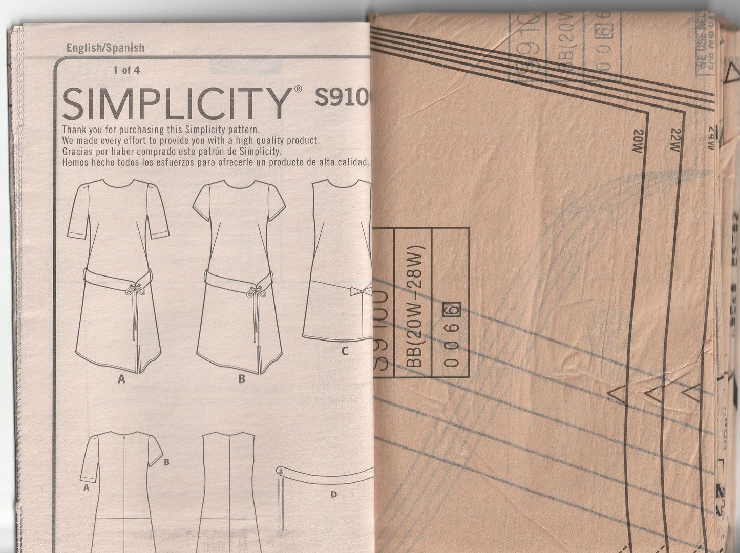 Simplicity 9100 Womens Asymmetric Dress & Belt Out Of Print Paper Sewing Pattern Sizes 20 - 28 UNCUT Factory Folded