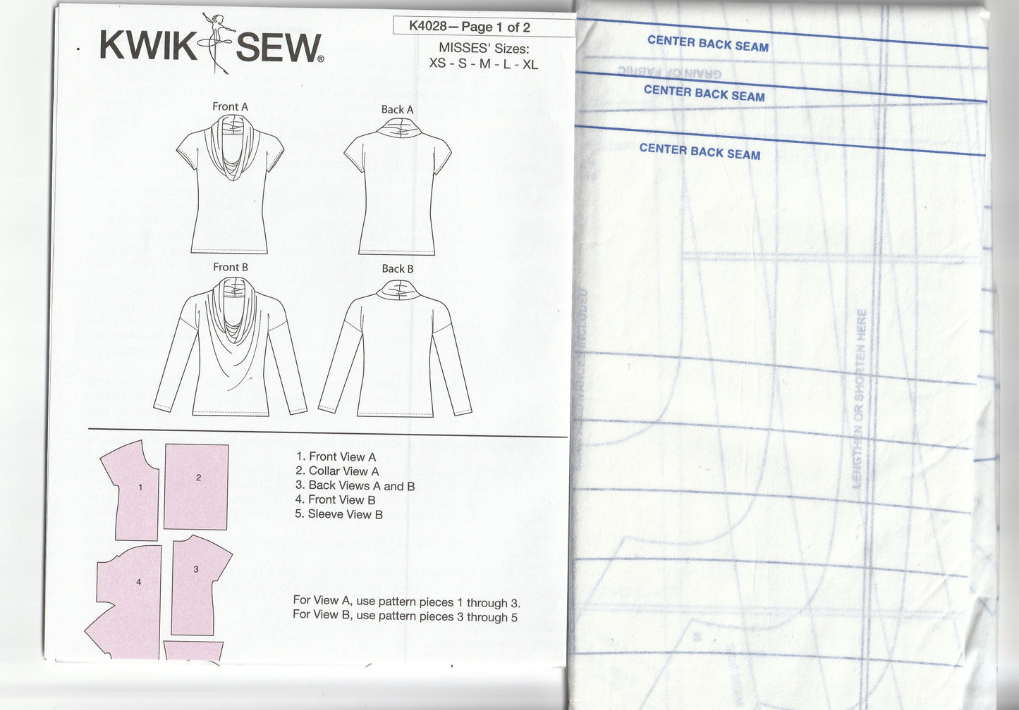 Kwik Sew 4028 Womens Stretch Knit Cowl Neck Tops Out Of Print Paper Sewing Pattern Size XS - XL UNCUT Factory Folded