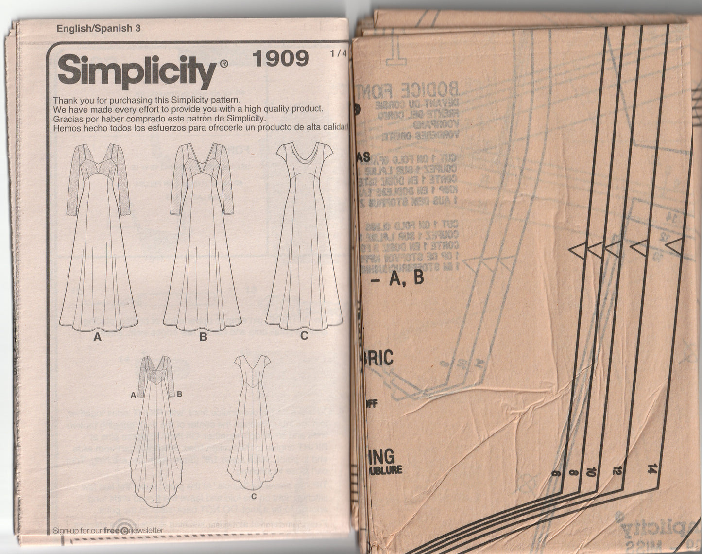 Simplicity 1909 Womens Empire Waisted Wedding or Bridesmaids Dress Out Of Print Paper Sewing Pattern Size 6 - 14 UNCUT Factory Folded