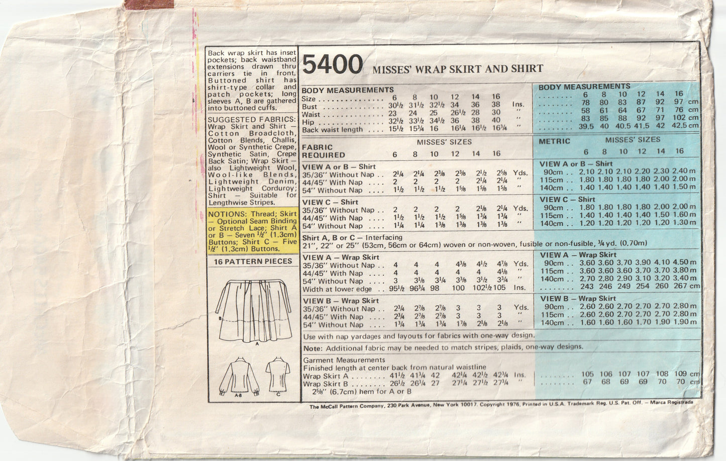 McCall's 5400 Womens Wide Collar Blouse & Wrap Skirts 1970s Vintage Paper Sewing Pattern Size 16 Bust 38 inches