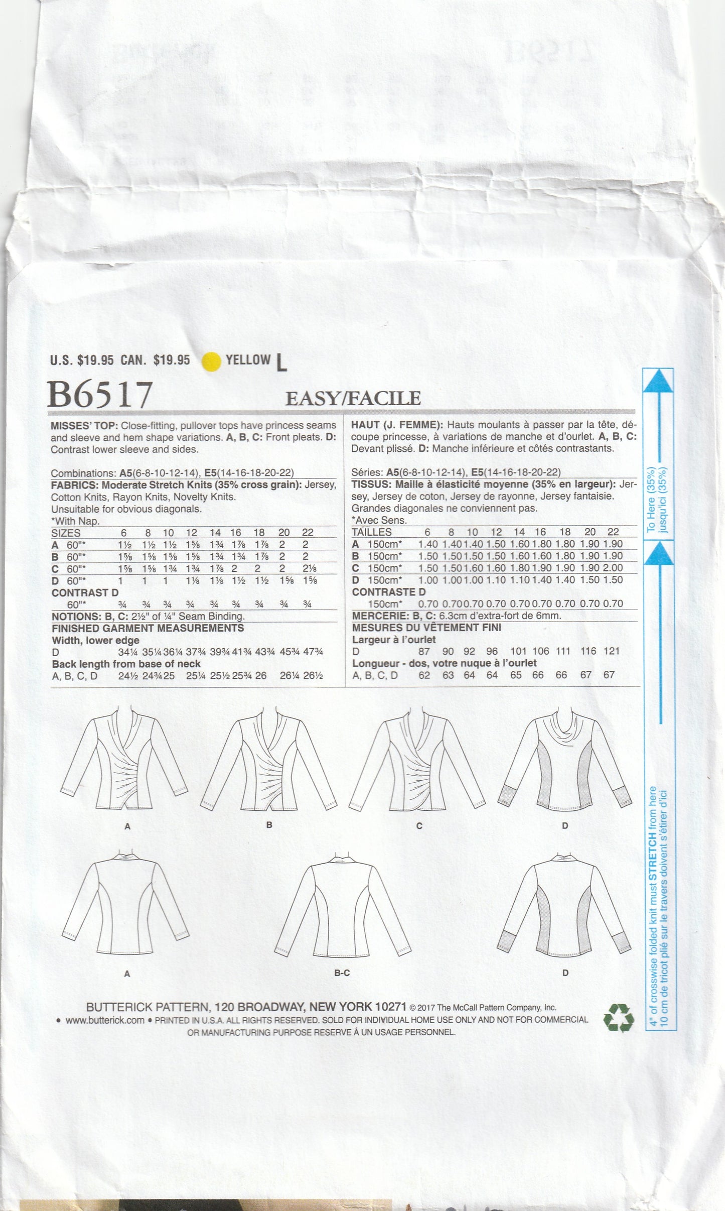 Patrón de costura para jersey elástico de mujer Butterick 6517, estilo princesa, tallas 14 a 22, sin cortar, doblado de fábrica
