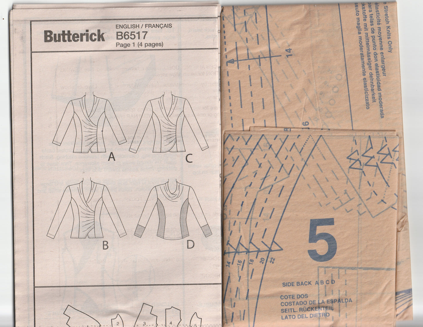 Patrón de costura para jersey elástico de mujer Butterick 6517, estilo princesa, tallas 14 a 22, sin cortar, doblado de fábrica