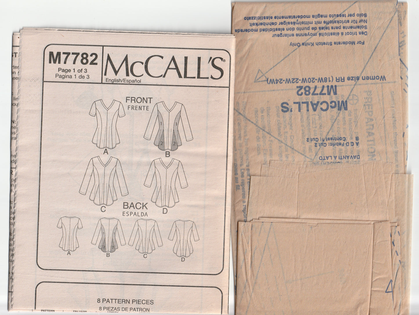 McCall's 7782 Womens Stretch Knit Princess Peplum Tops Out Of Print Paper Sewing Pattern Size 18W - 24W UNCUT Factory Folded
