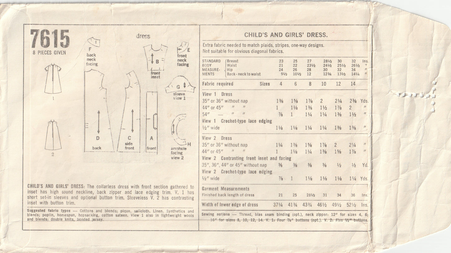 Simplicity 7615 Girls Empire Waisted Mini Dress 1960s Vintage Paper Sewing Pattern Size 8