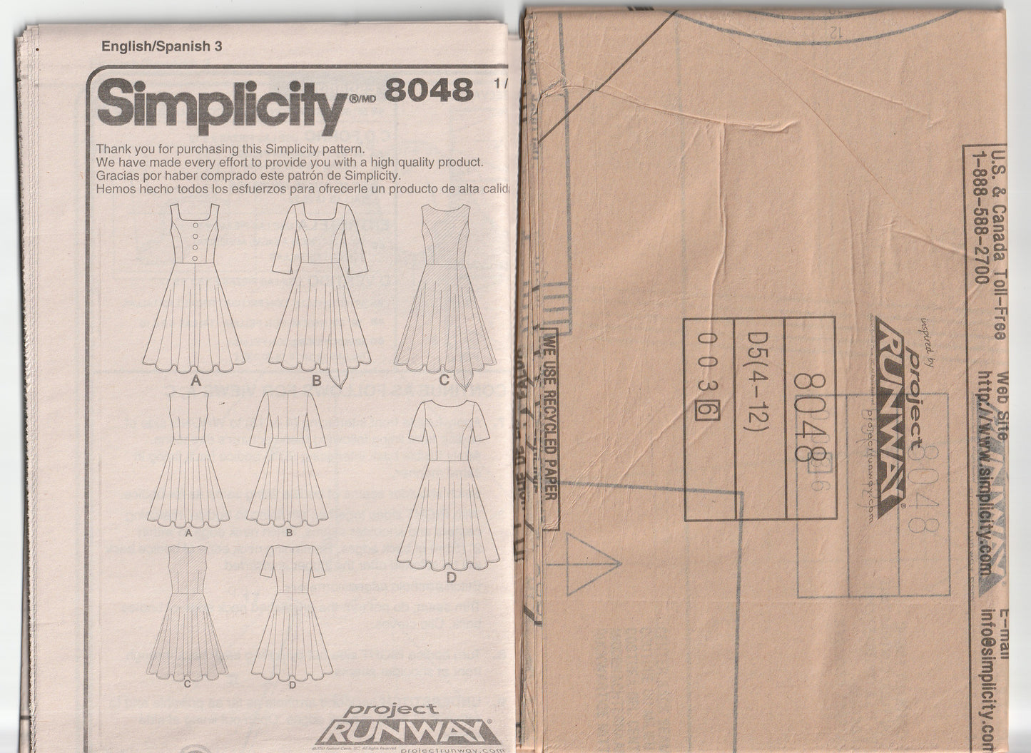 Patrón de costura Simplicity 8048 para vestidos ajustados y acampanados de PROJECT RUNWAY para mujer, agotados, talla 4-12, sin cortar, doblado de fábrica