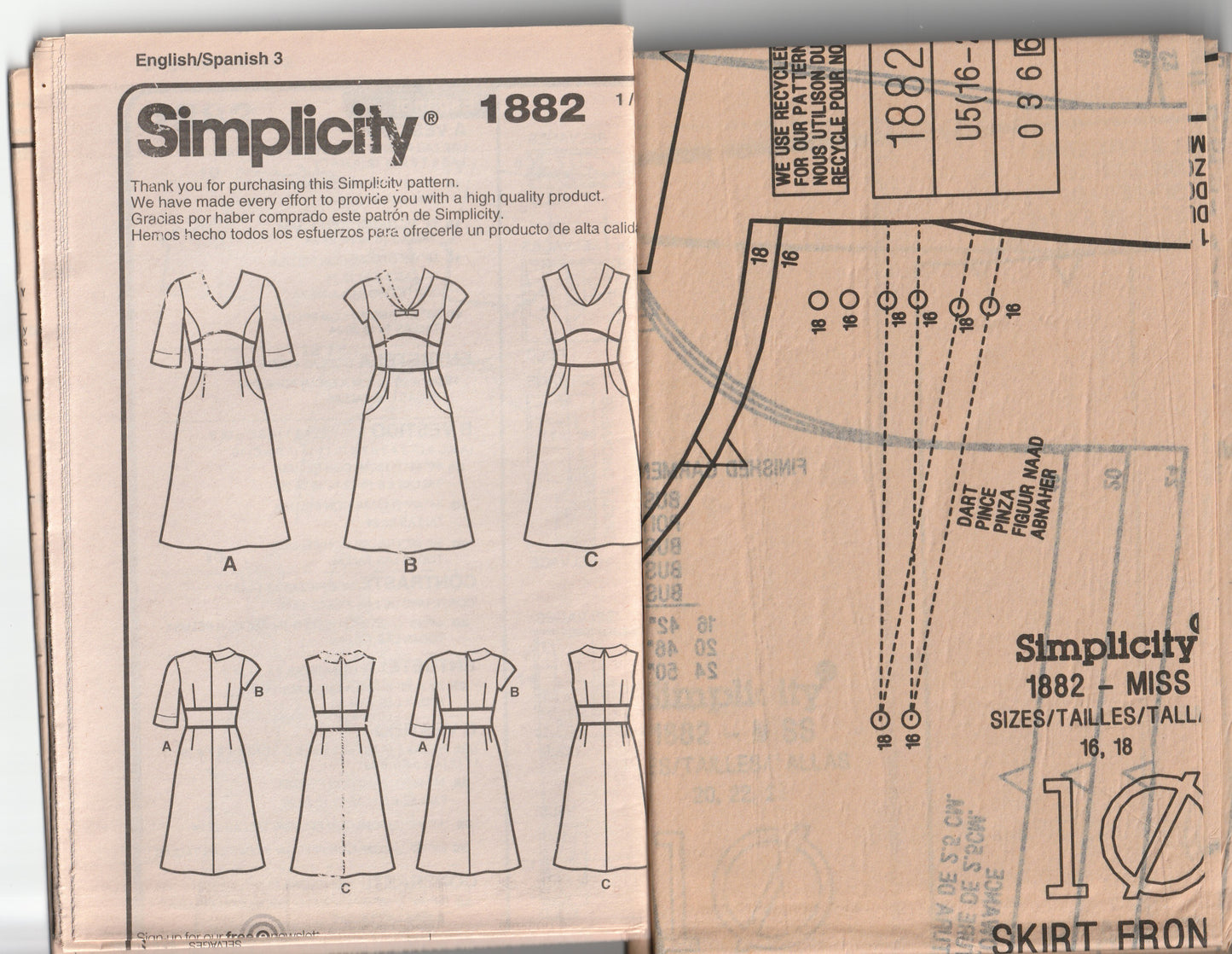 Simplicity 1882 AMAZING FIT Womens Princess Dress with Midriff Panel Out Of Print Paper Sewing Pattern Size 16 - 24 UNCUT Factory Folded