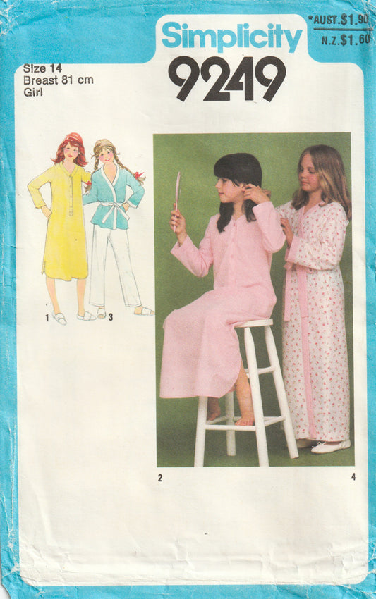 Simplicity 9249 Teen Girls Robe Nightshirt & Pyjamas 1970s Vintage Paper Sewing Pattern Size 14 UNCUT Factory Folded