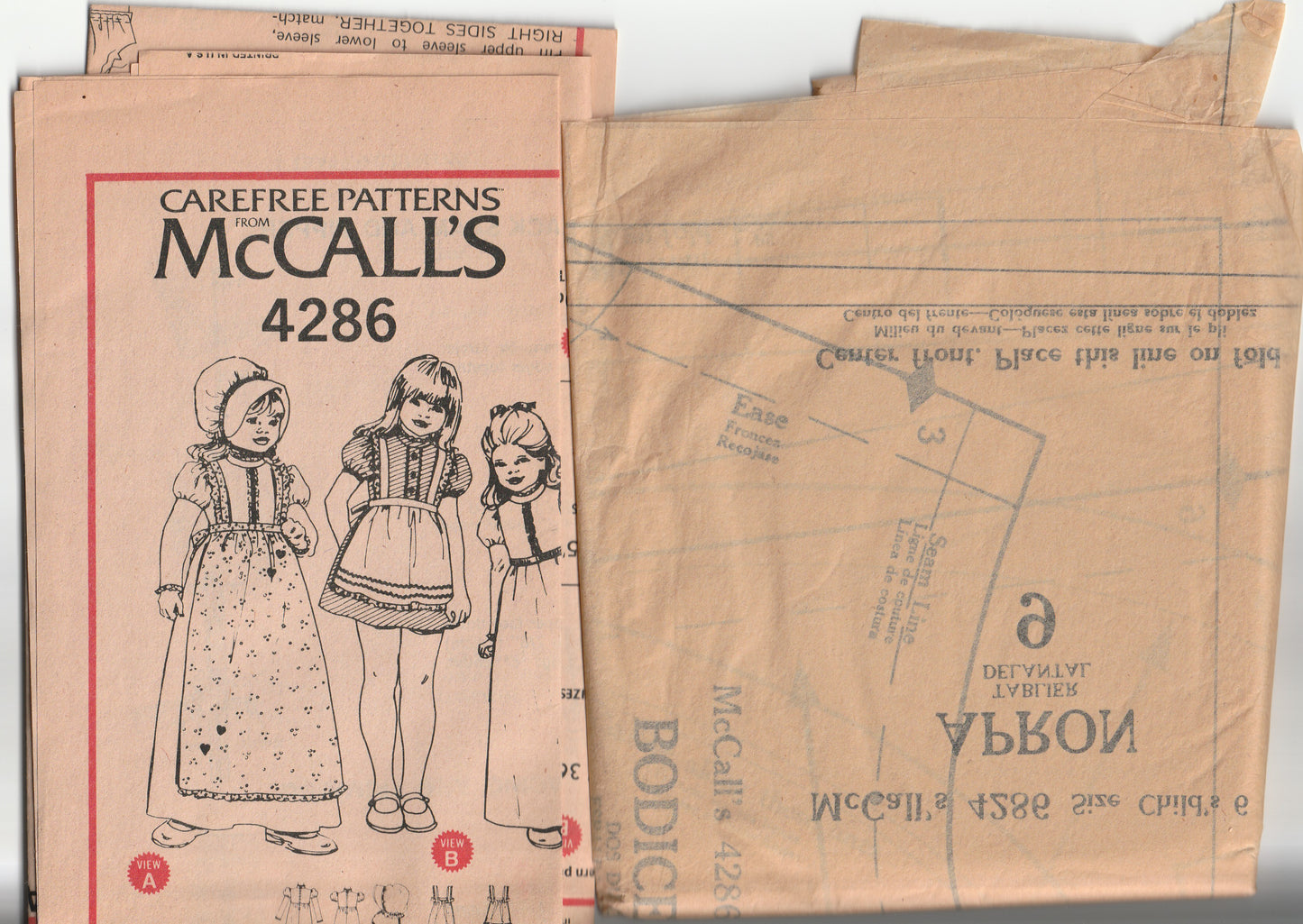 McCall's 4286 Girl's Puff Sleeved Dress Apron & Cap 1970s Vintage Paper Sewing Pattern Size 6