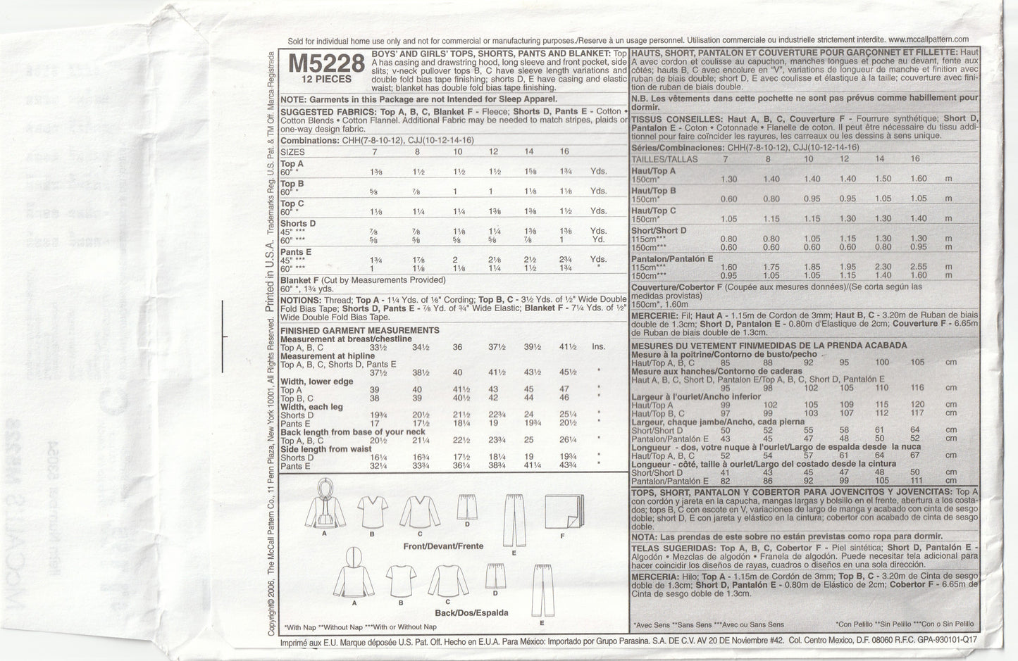 McCall's 5228 Boys & Girls Fleece Tops Shorts Pants & Blanket Out Of Print Paper Sewing Pattern Size 7 - 12 UNCUT Factory Folded