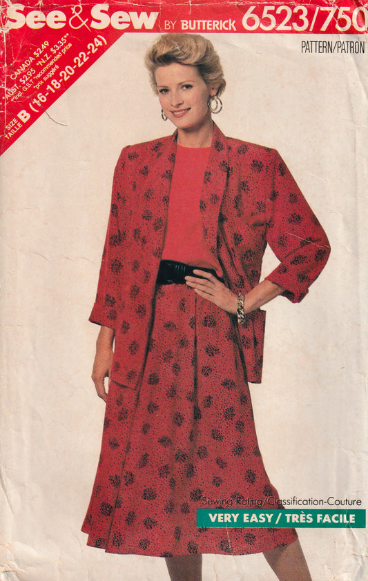Butterick See & Sew 6523 Womens Longline Jacket Top & Skirt 1980s Vintage Paper Sewing Pattern Size 16 - 24 UNCUT Factory Folded