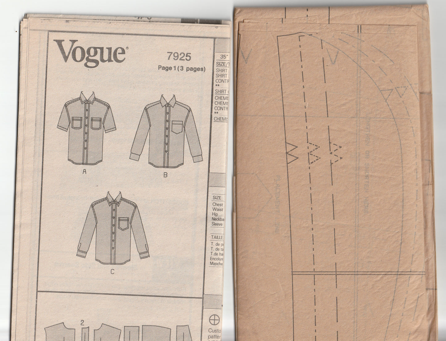 Patrón de costura agotado para camisas de negocios clásicas para hombre Vogue V7925, sin cortar, varios tamaños, dobladas en fábrica