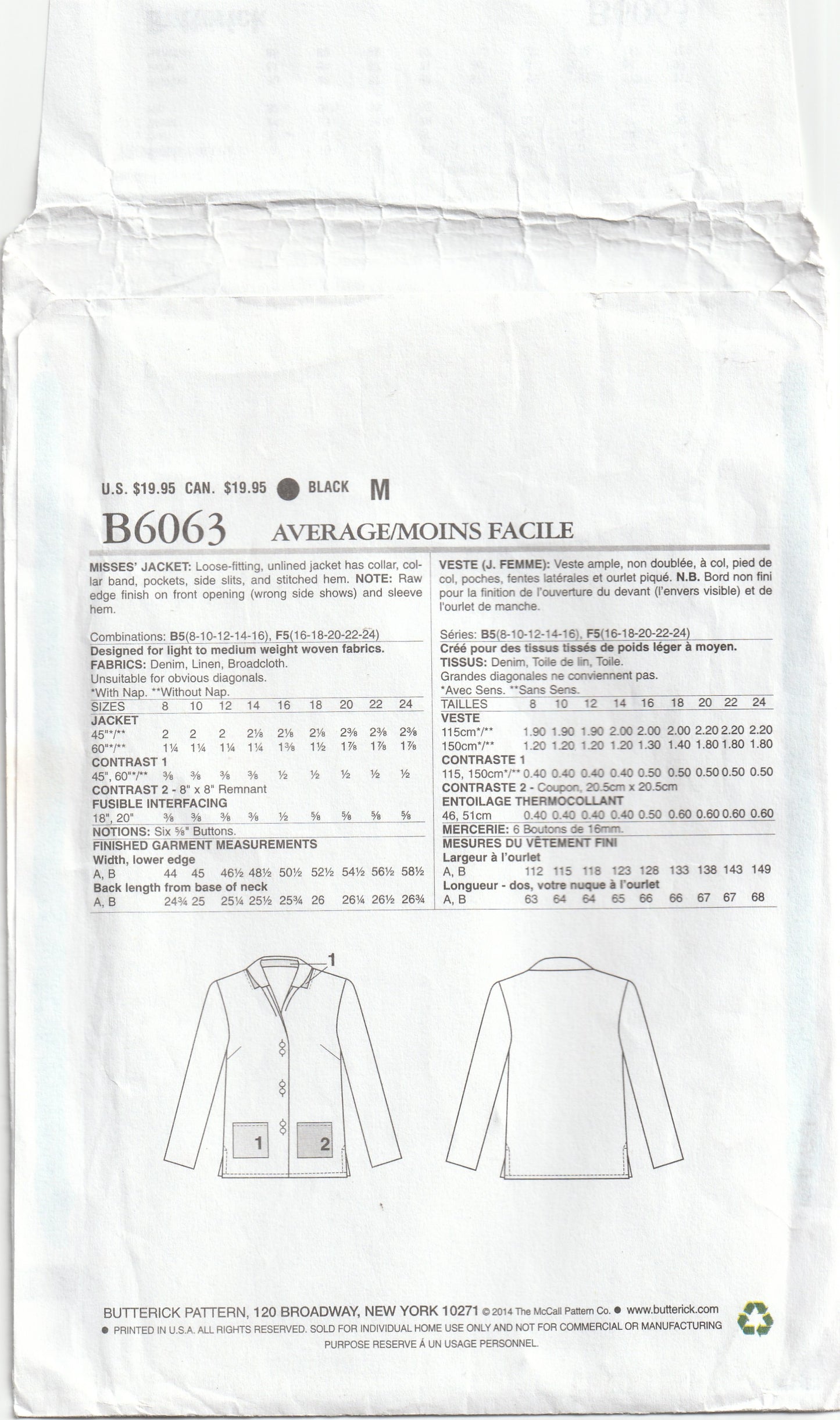 Butterick 6063 Katherine Tilton Womens Unlined Jacket With Pockets Out Of Print Paper Sewing Pattern Sizes 16 - 24 UNCUT Factory Folded
