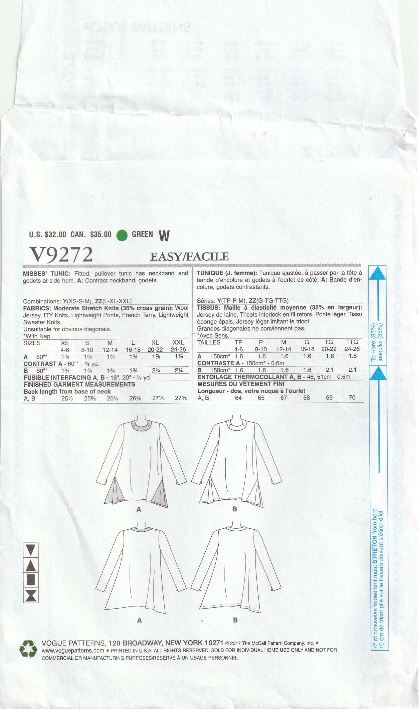 Vogue Designer Original 9272 MARCY TILTON Womens Stretch Knit Tunic Tops with Godet Hem Out Of Print Paper Sewing Pattern Size L - XXL UNCUT Factory Folded