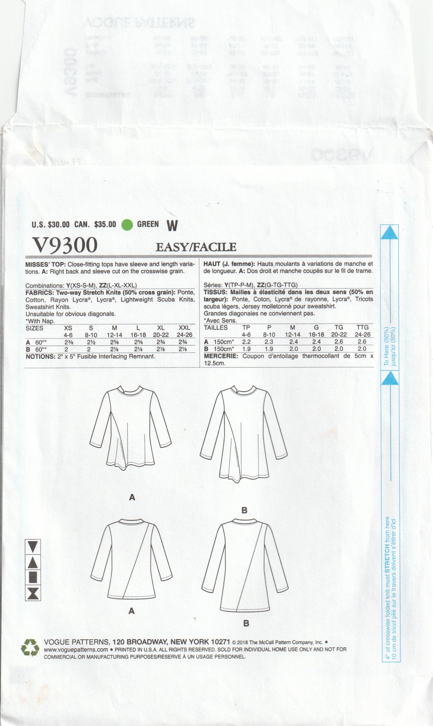 Vogue Designer Original 9300 MARCY TILTON Womens 2 Way Stretch Knit Tops Out Of Print Paper Sewing Pattern Sizes XS - M UNCUT Factory Folded