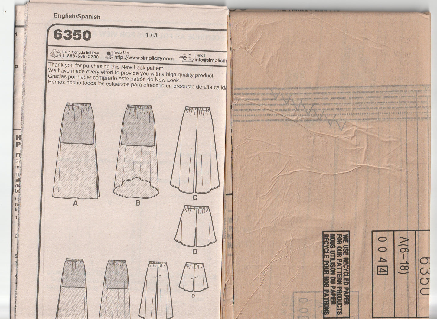 New Look 6350 Womens EASY Skirt with Overlay Wide Leg Pants & Shorts Out Of Print Paper Sewing Pattern Size 6 - 18 UNCUT Factory Folded