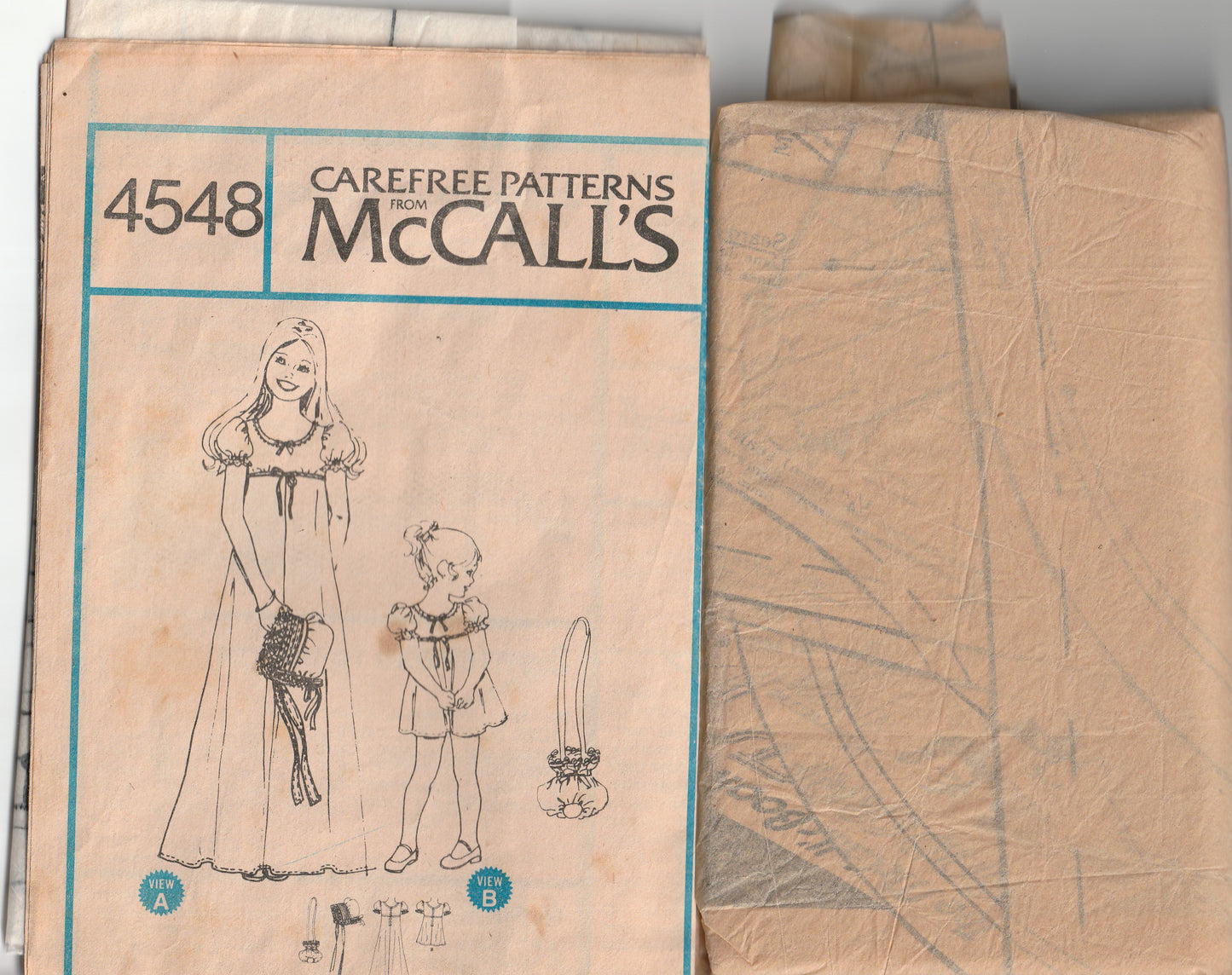 McCall's 4548 LAURA ASHLEY Girl's High Waisted Dress Bonnet & Drawstring Bag 1970s Vintage Paper Sewing Pattern Size 8