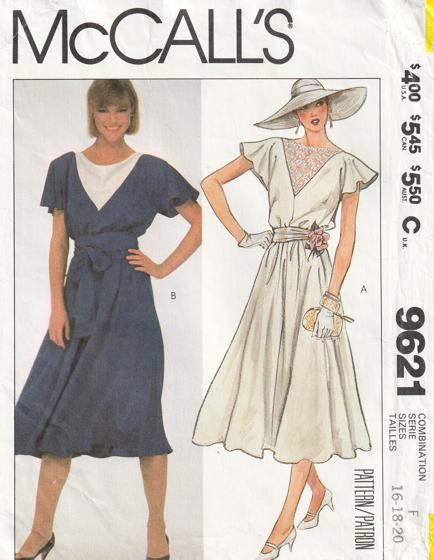 McCall's 9621 Womens Flutter Sleeved Dress & Belt 1980s Vintage Paper Sewing Pattern Size 16 Bust 38 Inches