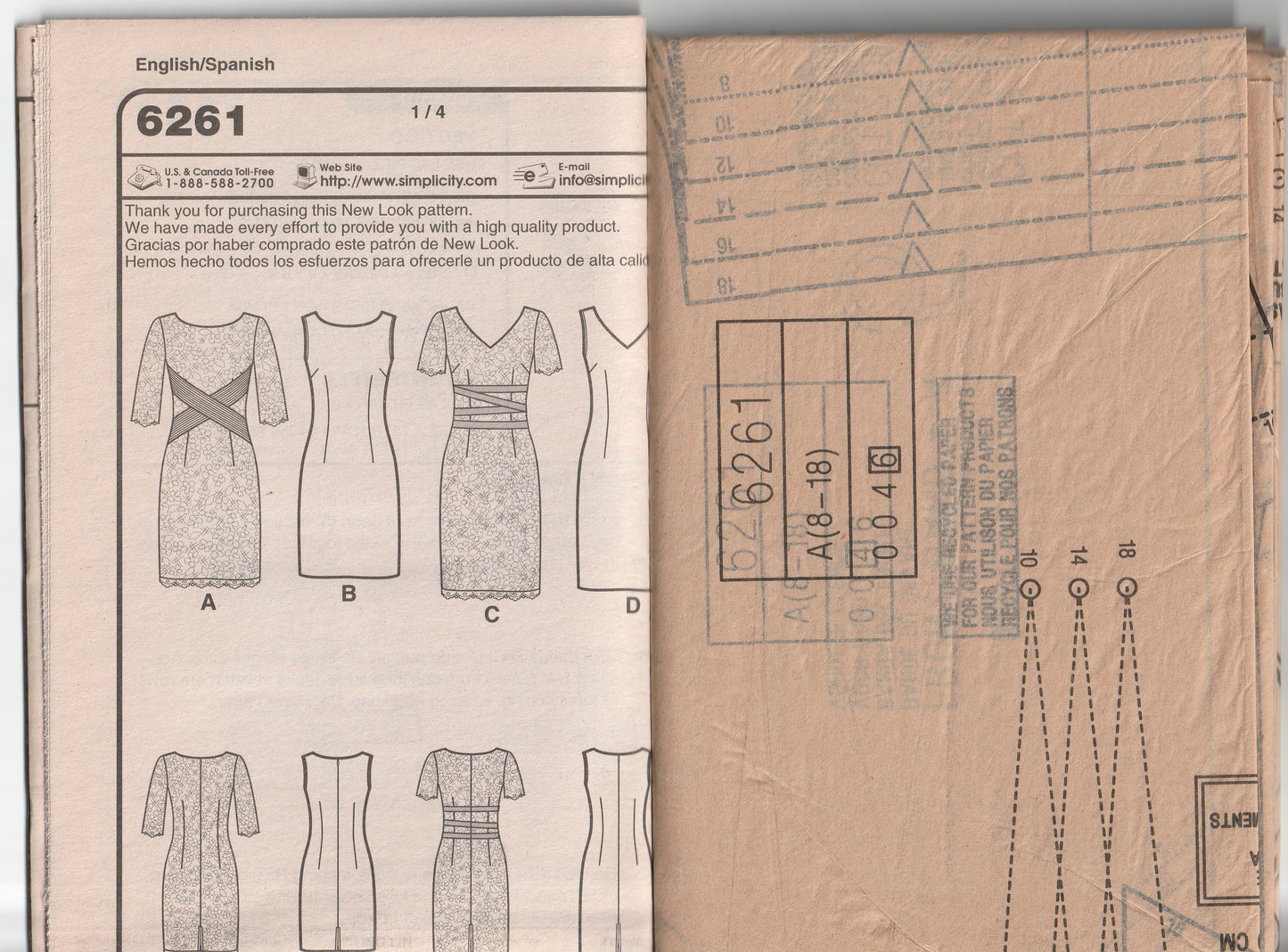 New Look 6261 Womens Classic Sheath Dress in 4 Styles Out Of Print Paper Sewing Pattern Size 8 - 18 UNCUT Factory Folded