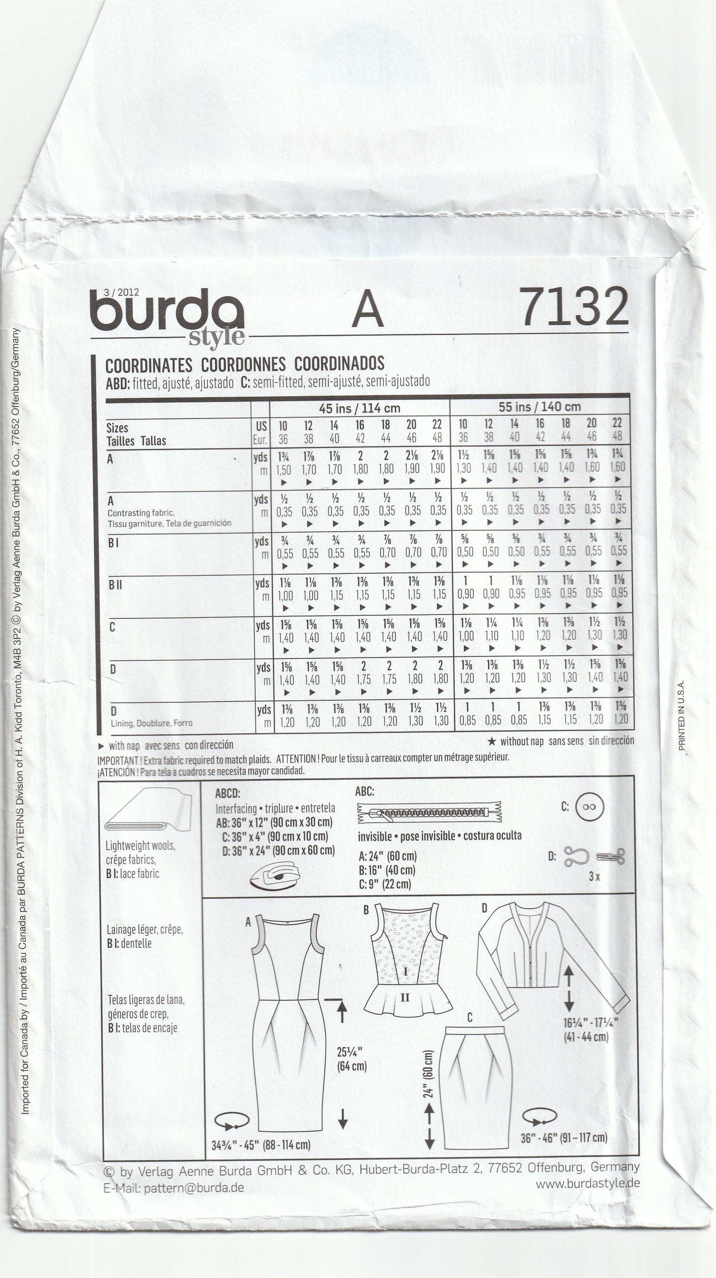Burda Style 7132 Womens Peplum Top & Jacket Dress & Tulip Skirt Out Of Print Paper Sewing Pattern Sizes 10 - 22 UNCUT Factory Folded