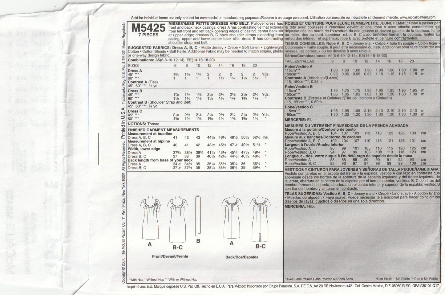McCall's 5425 Womens Pullover Sundress & Belt Out Of Print Paper Sewing Pattern Sizes 6 - 14 UNCUT Factory Folded