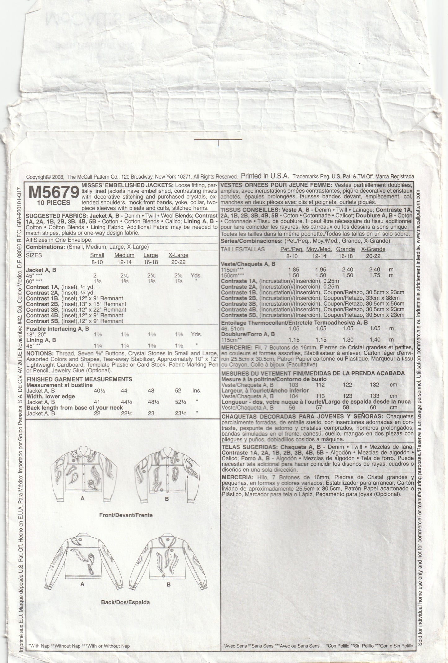 McCall's 5679 Womens Bomber Jackets with Raw Edge Embellishments Out Of Print Paper Sewing Pattern Size XS - XL UNCUT Factory Folded