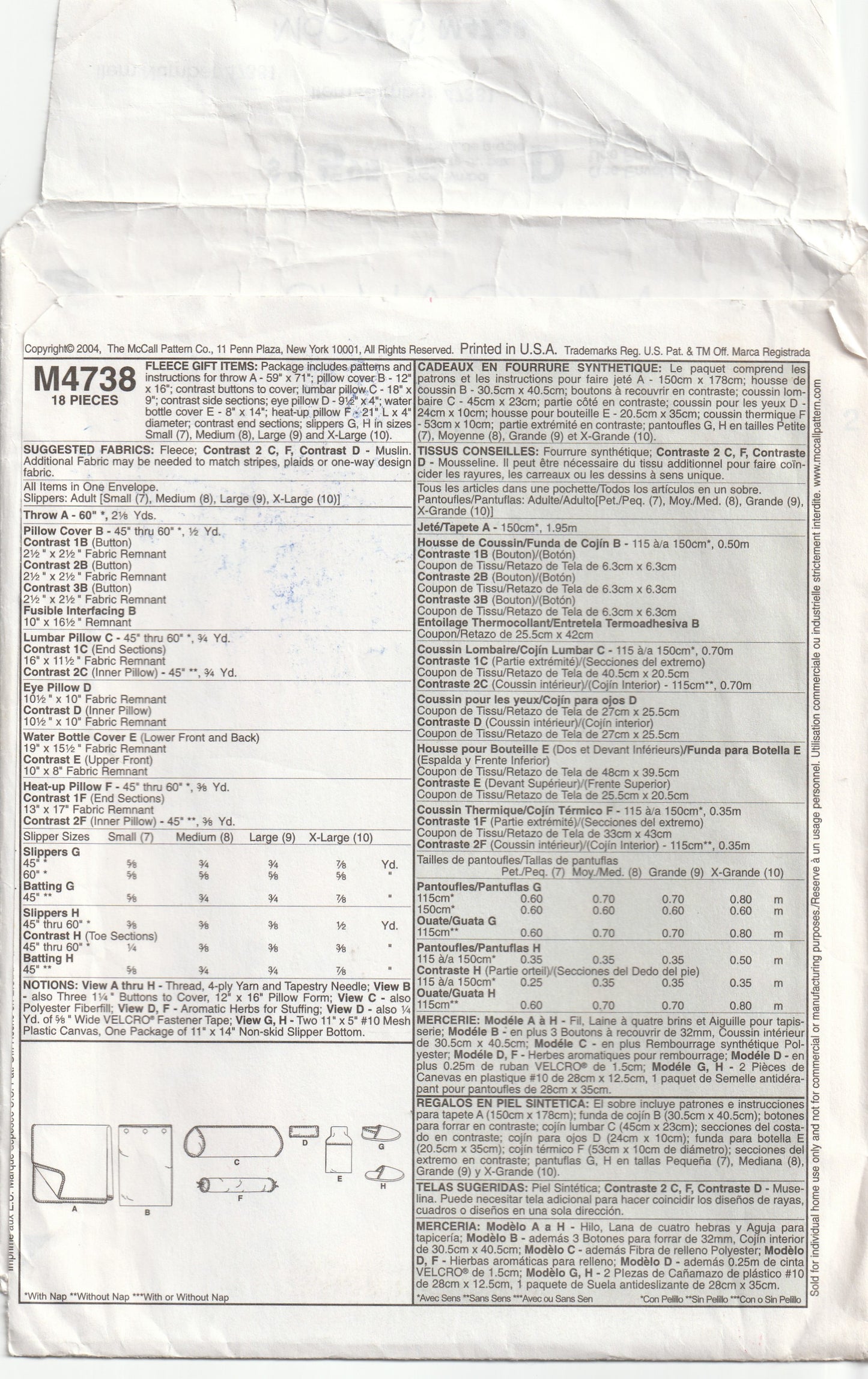 McCall's 4738 Fleece Gift Items Pillow Water Bottle Cover Slippers etc Out Of Print Paper Sewing Pattern UNCUT Factory Folded