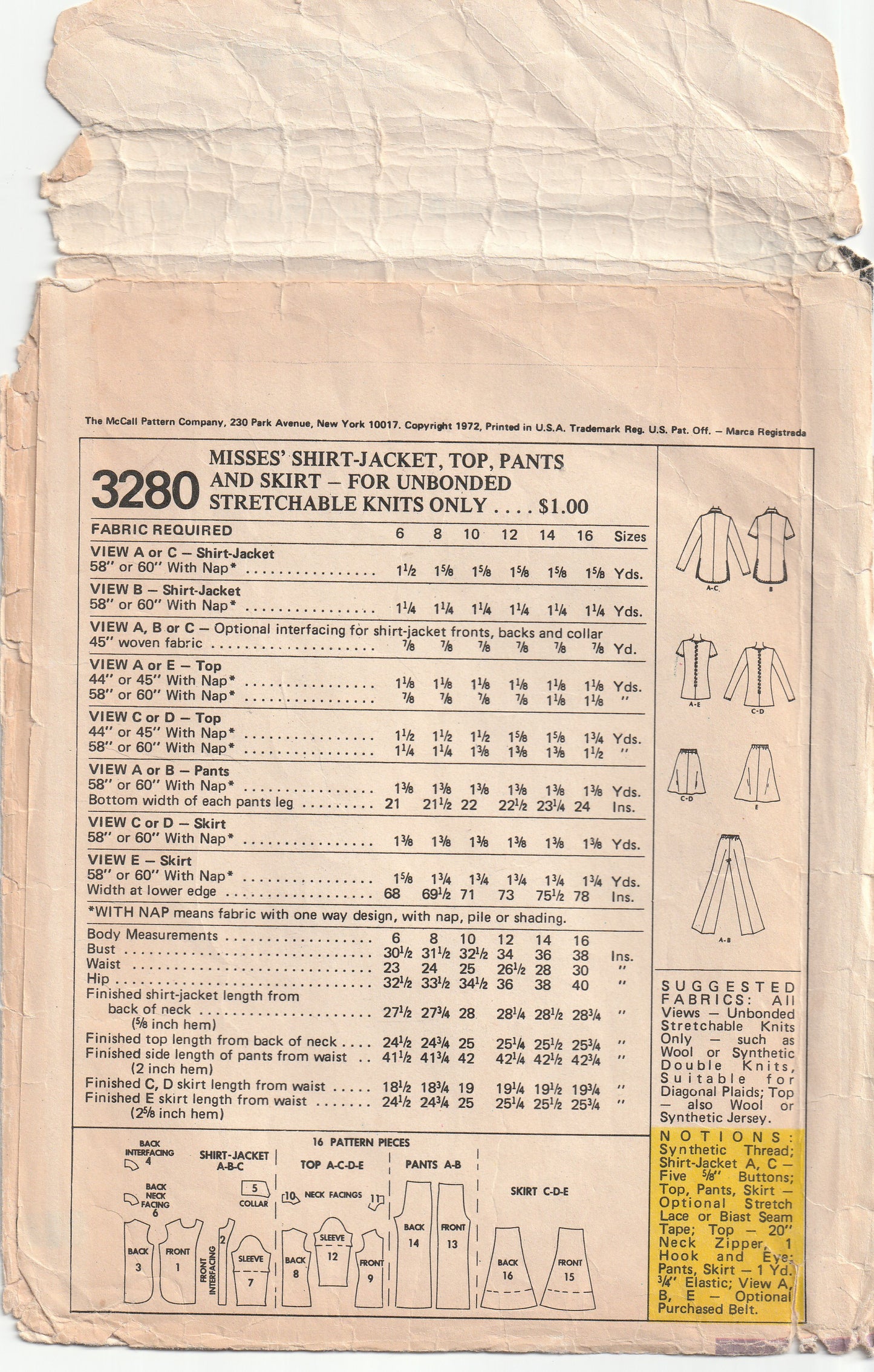 McCall's 4738 Womens Shirt/Jacket Top Pants & Skirt 1970s Vintage Paper Sewing Pattern Size 10 Bust 32.5 Inches