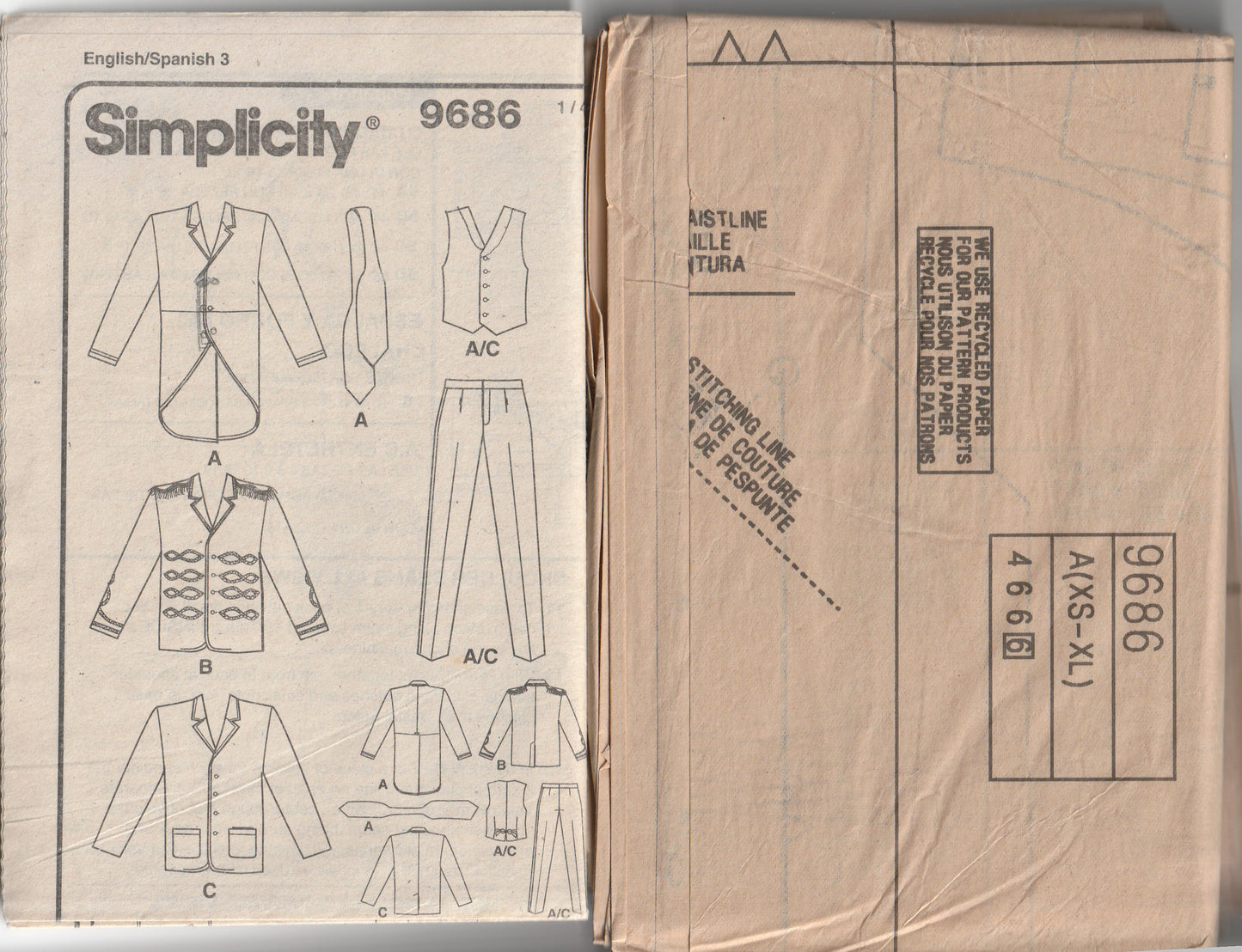 Simplicity 9686 Mens Brass Band Costume Cosplay Theatre 3 Piece Suit with Tails Out Of Print Paper Sewing Pattern Size XS - XL UNCUT Factory Folded