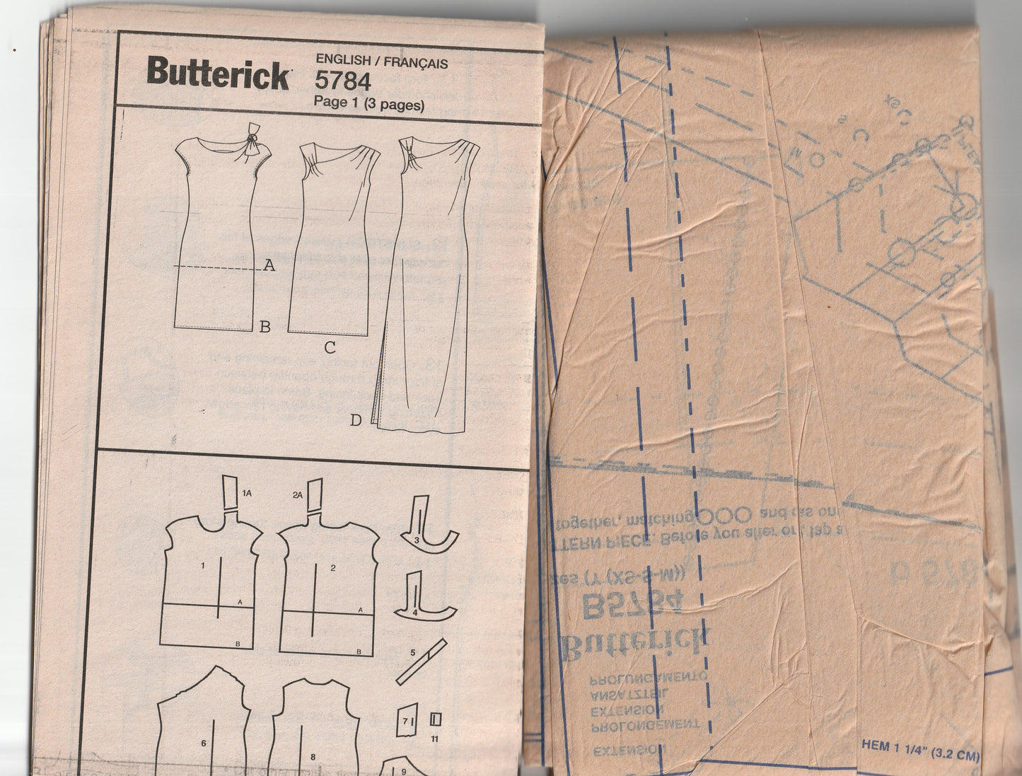 Patrón de costura de vestido y túnica asimétrica para mujer Butterick B5784, agotado, talla XS a M, sin cortar, doblado de fábrica