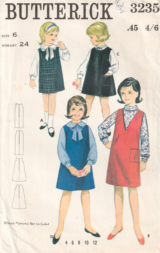 Butterick 3235 Girls A Line Jumper Dress 1960s Vintage Paper Sewing Pattern Size 6