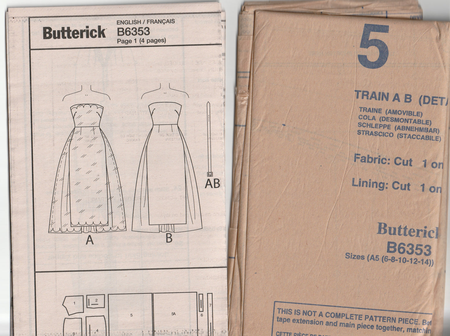 Patrón de costura sin tirantes con corpiño con ballenas para mujer Butterick B 6353 GERTIE'S, vestido de fiesta de noche con cola y cinturón desmontables, sin cortar, talla 6-14, doblado de fábrica
