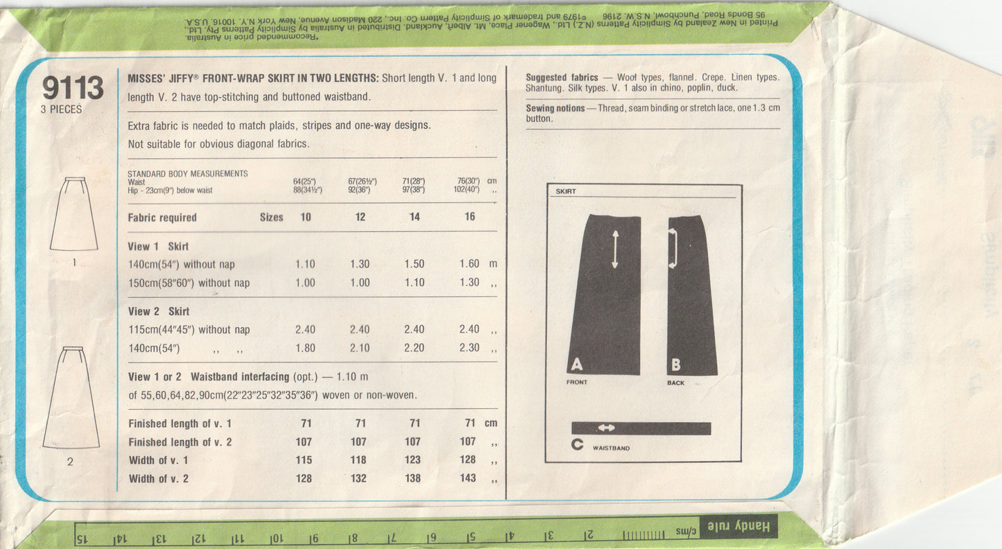 Simplicity 9113 Womens JIFFY Wrap Skirt in 2 Lengths 1970s Vintage Paper Sewing Pattern Size 14 Waist 28 Inches