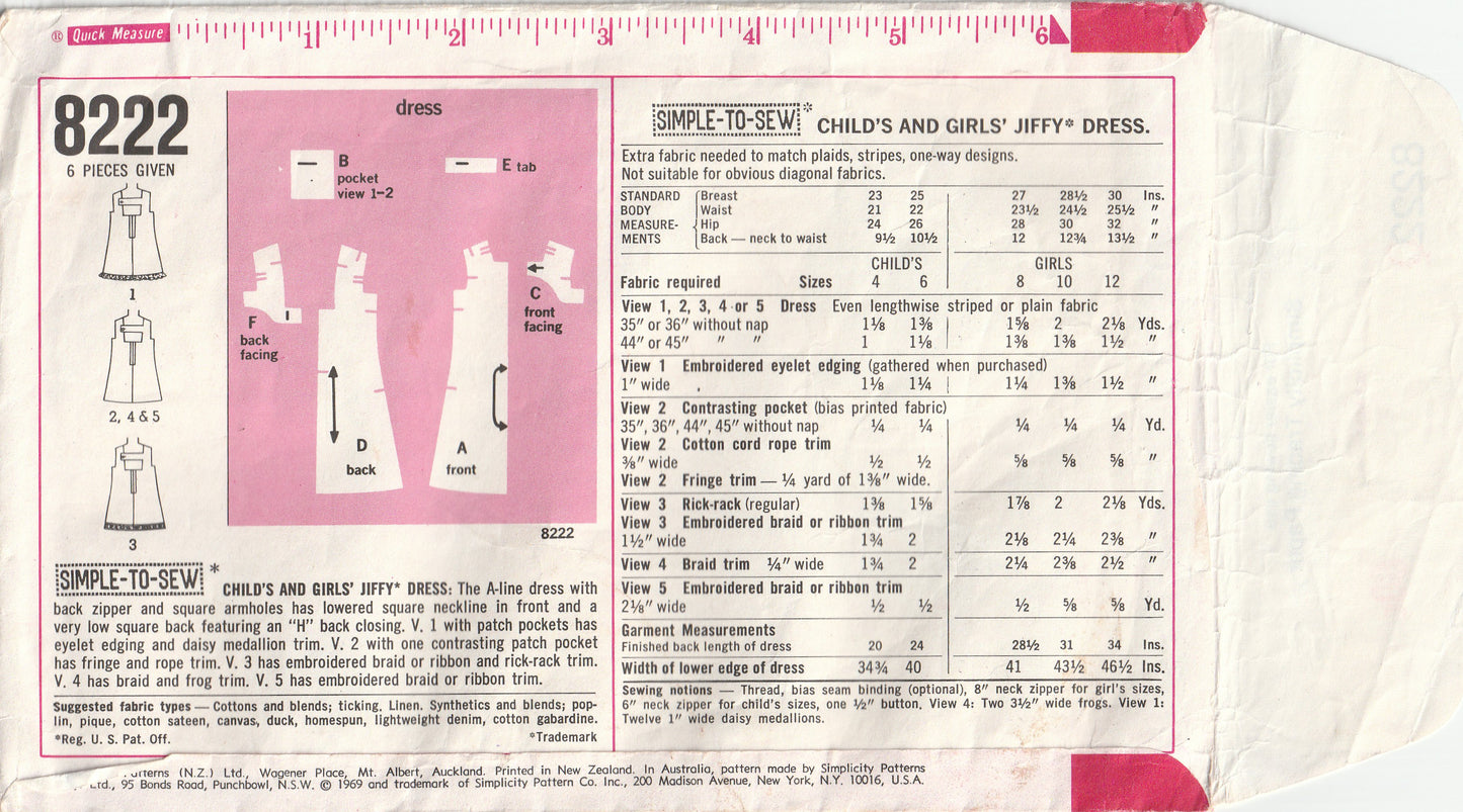 Simplicity 8222 Girls JIFFY A Line Mini Dress 1960s Vintage Paper Sewing Pattern Size 6