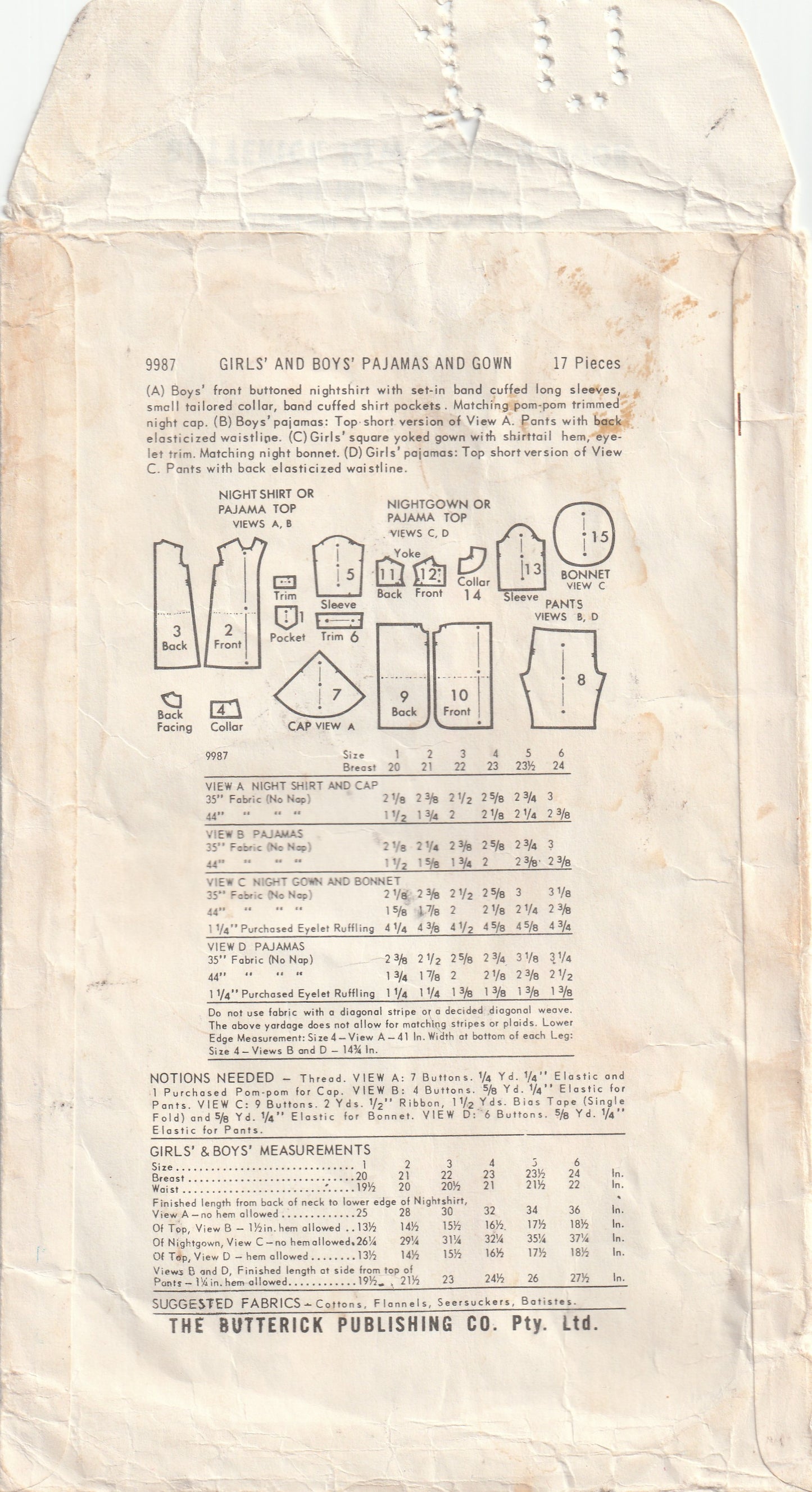 Butterick 9987 Toddler Boys or Girls Pyjamas Robe & Night Cap 1960s Vintage Paper Sewing Pattern Size 2