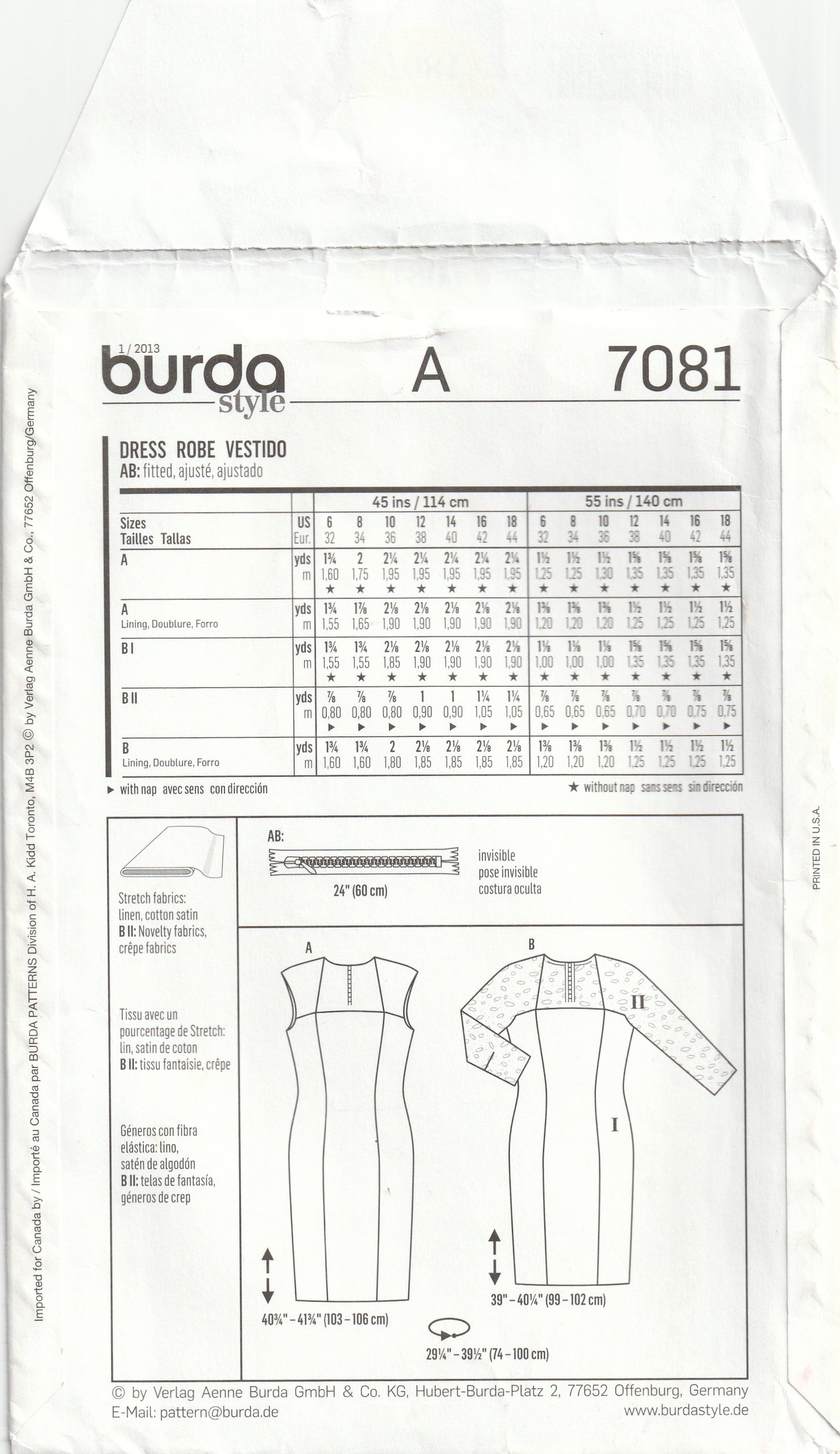 Burda Style 7081 Womens Panelled Square Neck Sheath Dress Out Of Print Paper Sewing Pattern Sizes 6 - 18 UNCUT Factory Folded