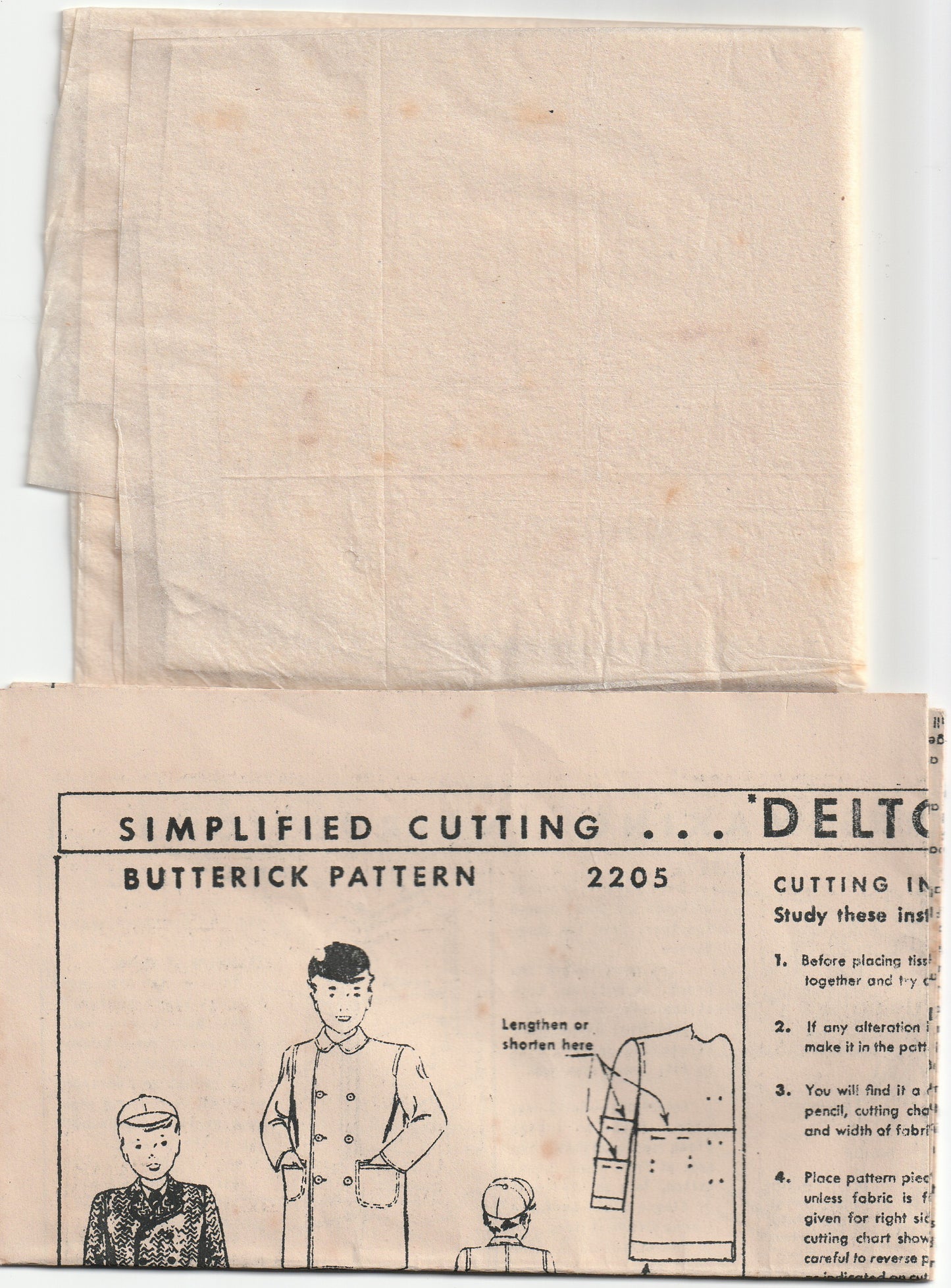 Butterick 2205 Toddler Boys Double Breasted Overcoat 1940s Vintage Paper Sewing Pattern Size 2