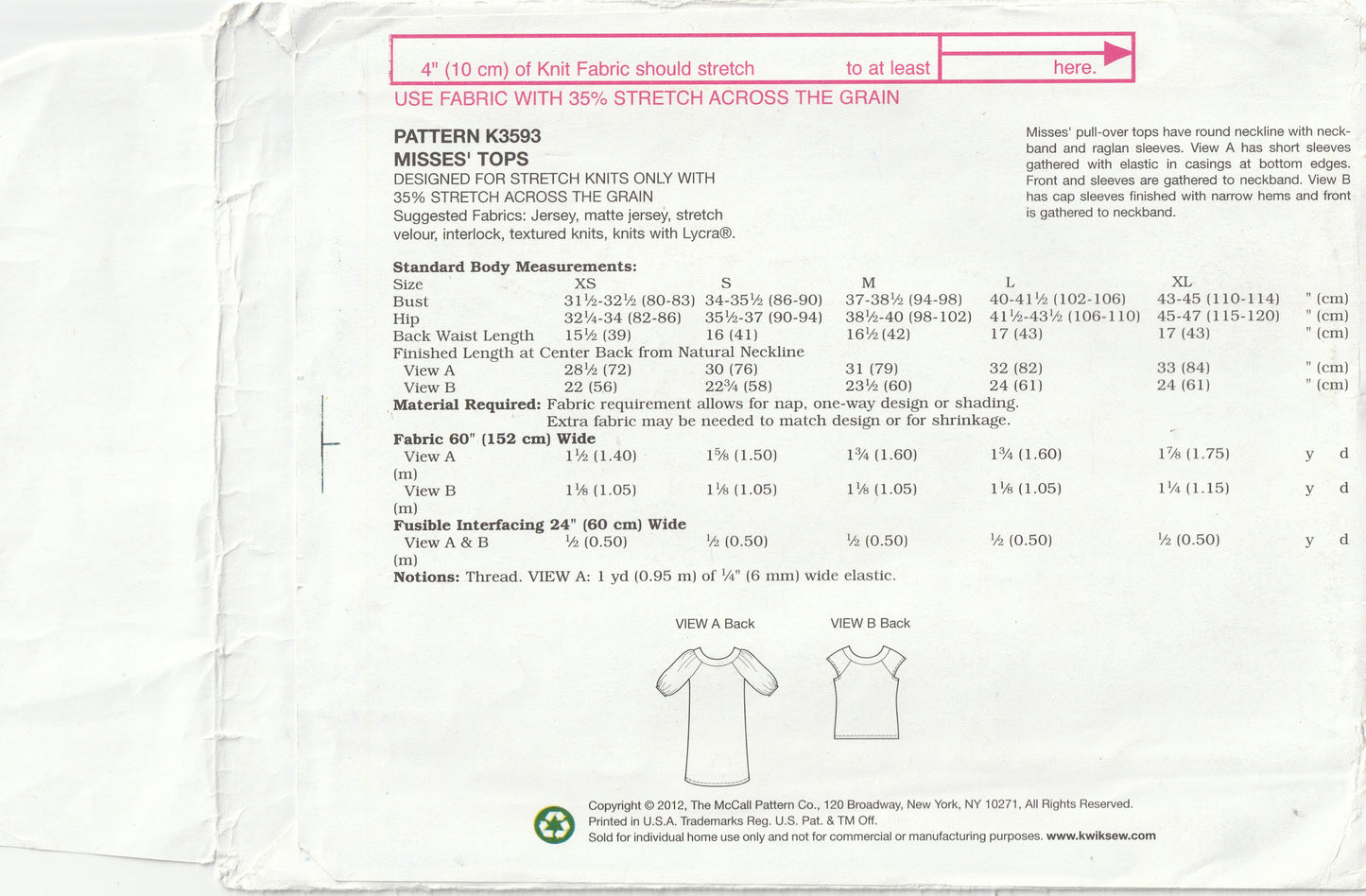 Kwik Sew 3593 Womens Stretch Knit Pullover Tops Out Of Print Paper Sewing Pattern Size XS - XL UNCUT Factory Folded