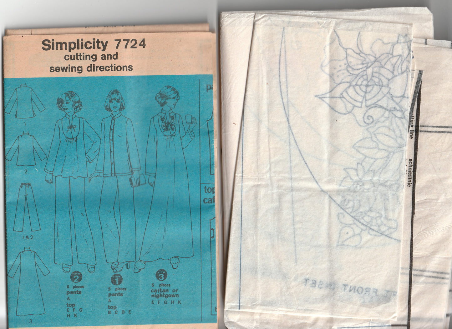 Simplicity 7724 Womens Pullover Caftan or Nightgown & Pyjamas 1970s Vintage Paper Sewing Pattern Size 12 Bust 34 Inches