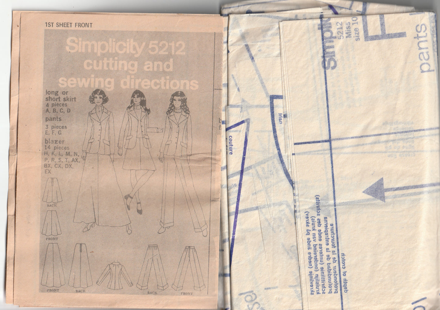 Simplicity 5212 Womens Blazer Jacket Bias Cut Skirt & Flared Pants 1970s Vintage Paper Sewing Pattern Size 10 Bust 32.5 inches
