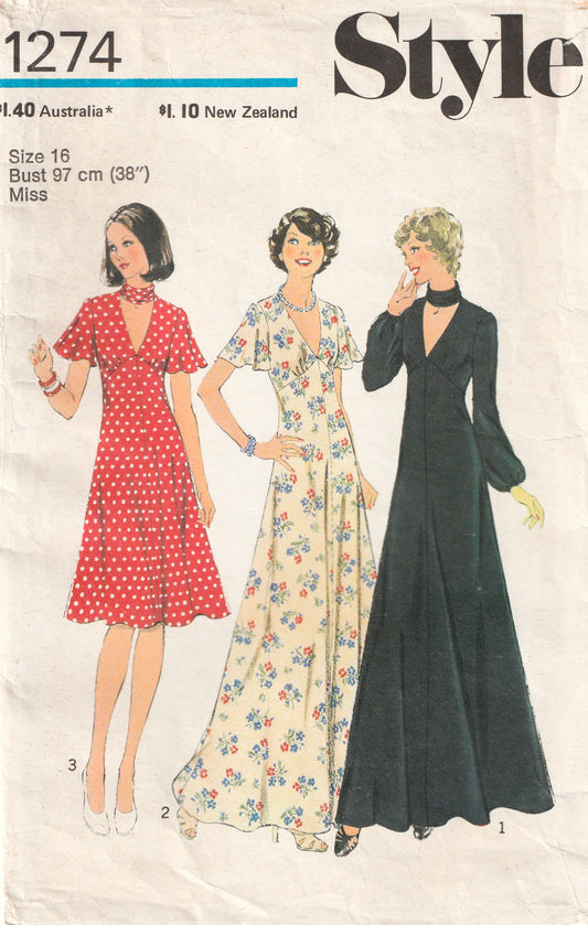 Style 1274 Womens High Waisted Flutter Sleeved Dress or Maxi Length Evening Dress 1970s Vintage Paper Sewing Pattern Size 16 Bust 38 Inches