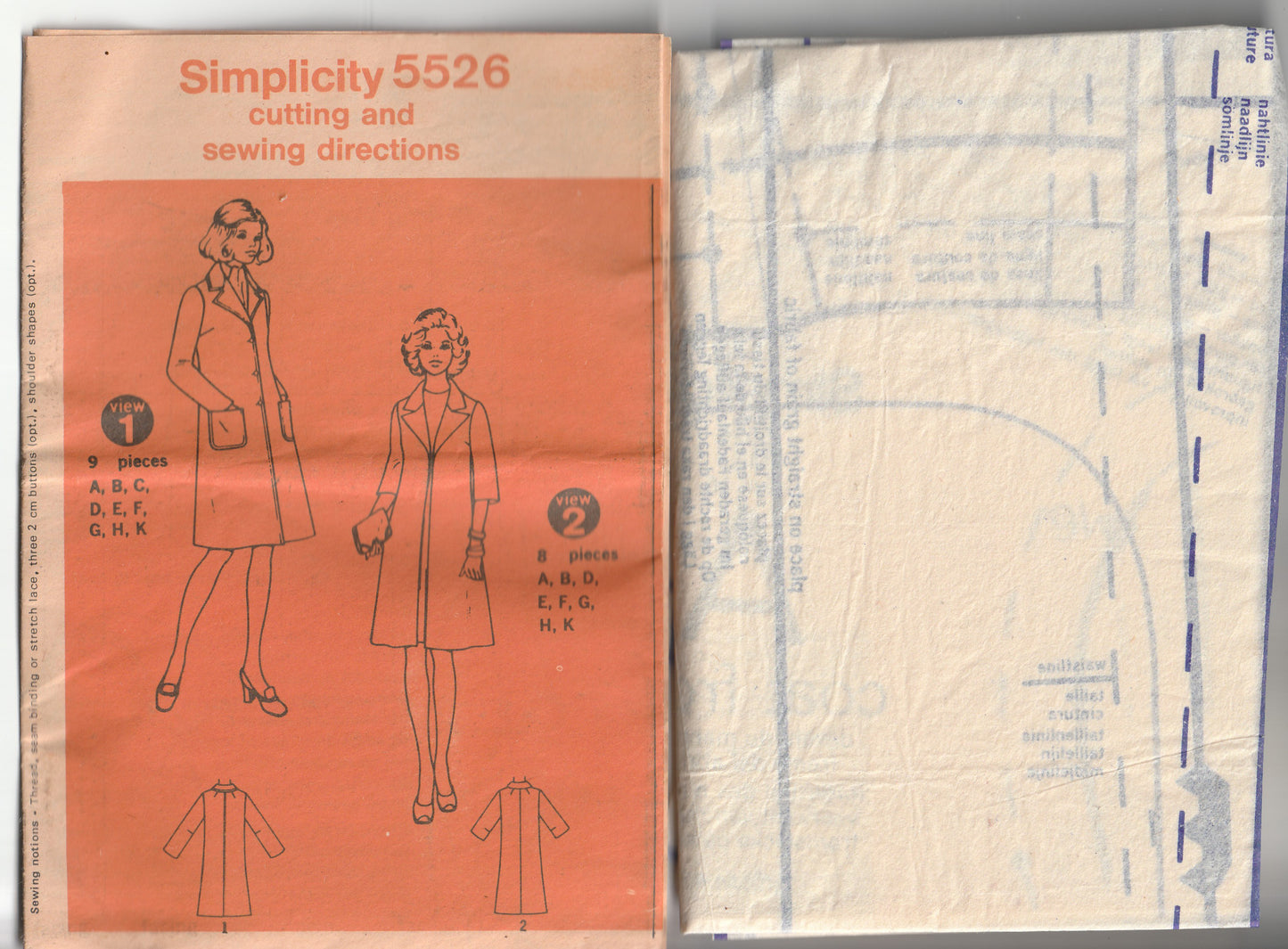 Simplicity 5526 Womens Classic Lined Overcoat 1970s Vintage Paper Sewing Pattern Size 16 Bust 38 inches