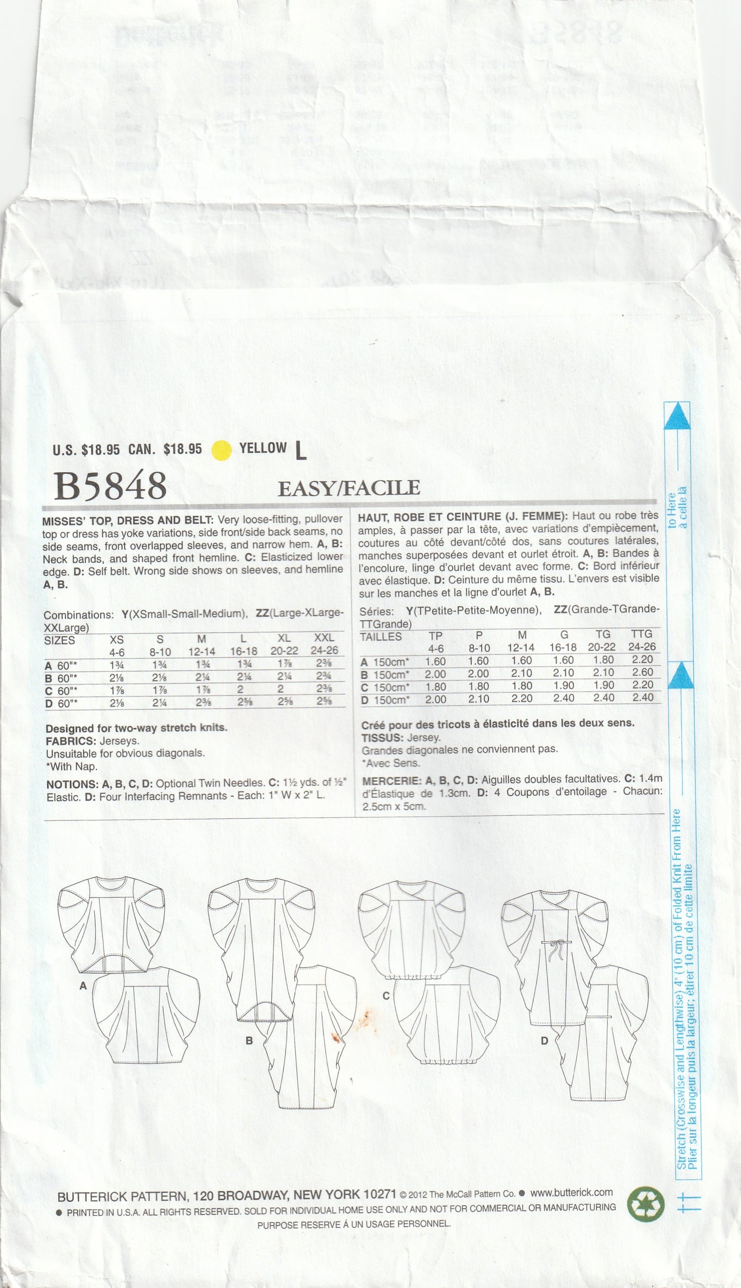 Butterick 5848 Womens Cocoon Dresses & Tops Out Of Print Paper Sewing Pattern Sizes L-XXL UNCUT Factory Folded