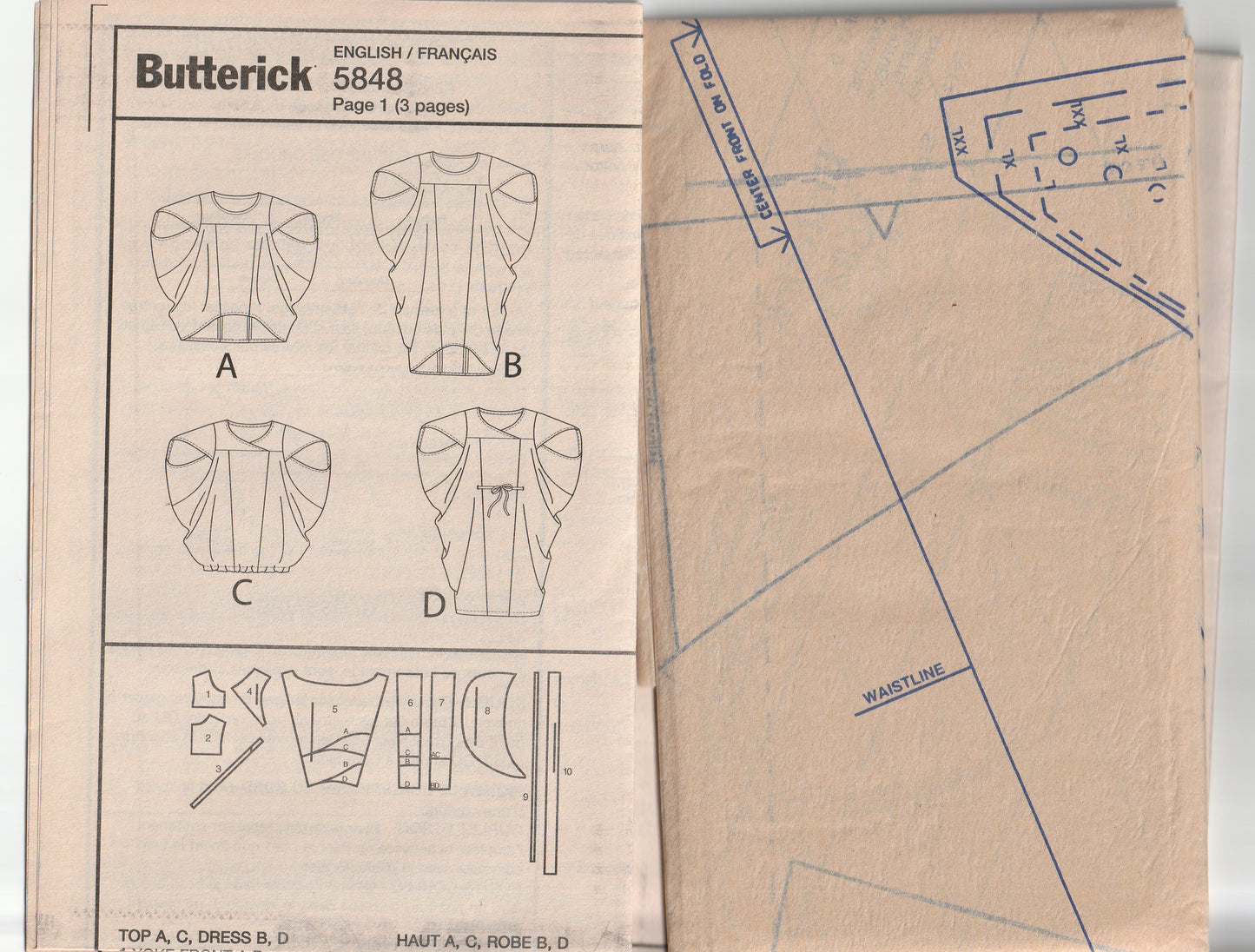 Butterick 5848 Womens Cocoon Dresses & Tops Out Of Print Paper Sewing Pattern Sizes L-XXL UNCUT Factory Folded