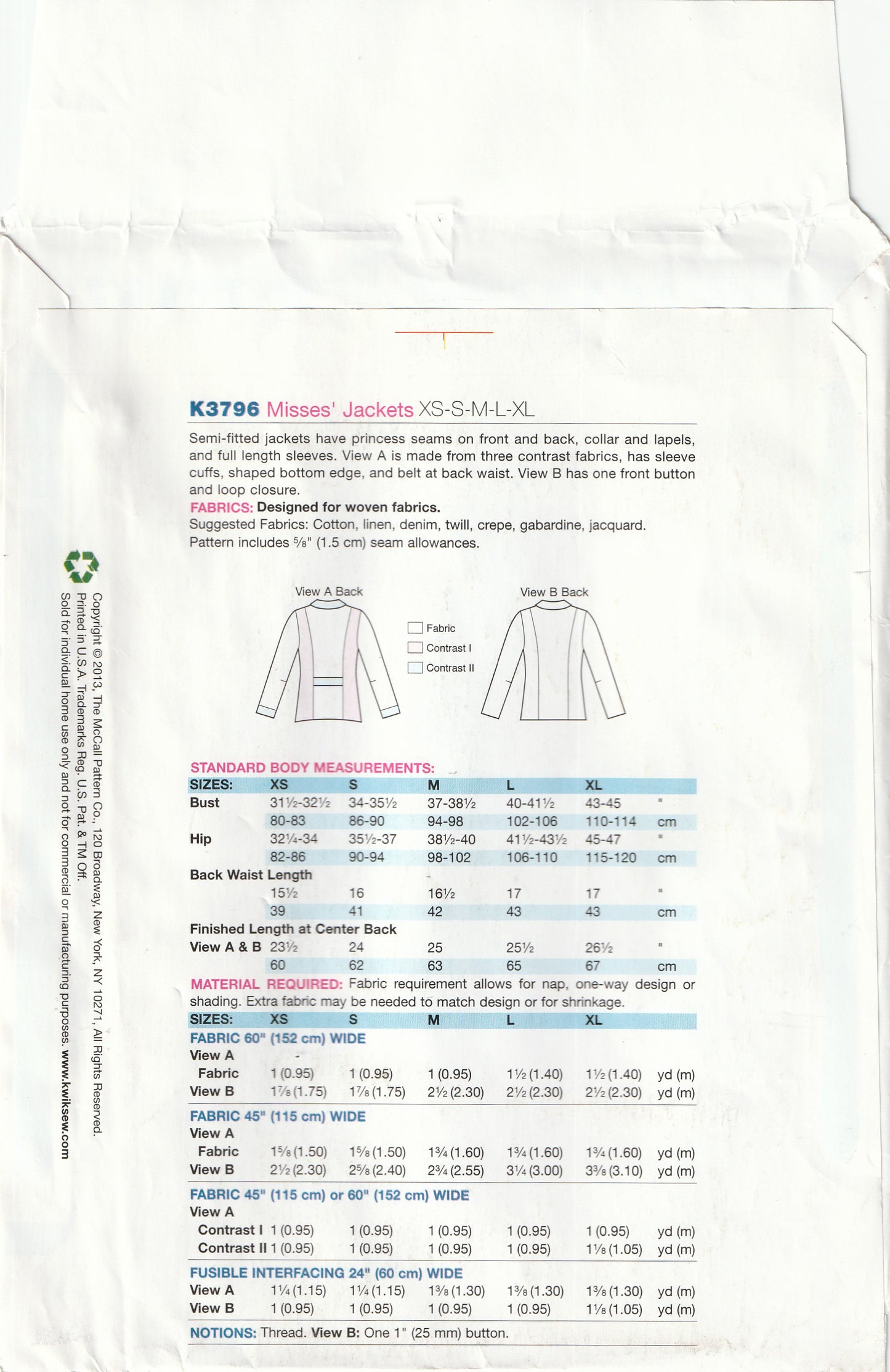 Kwik Sew 3796 Womens Semi Fitted Jackets Out Of Print Paper Sewing Pattern Size XS - XL UNCUT Factory Folded