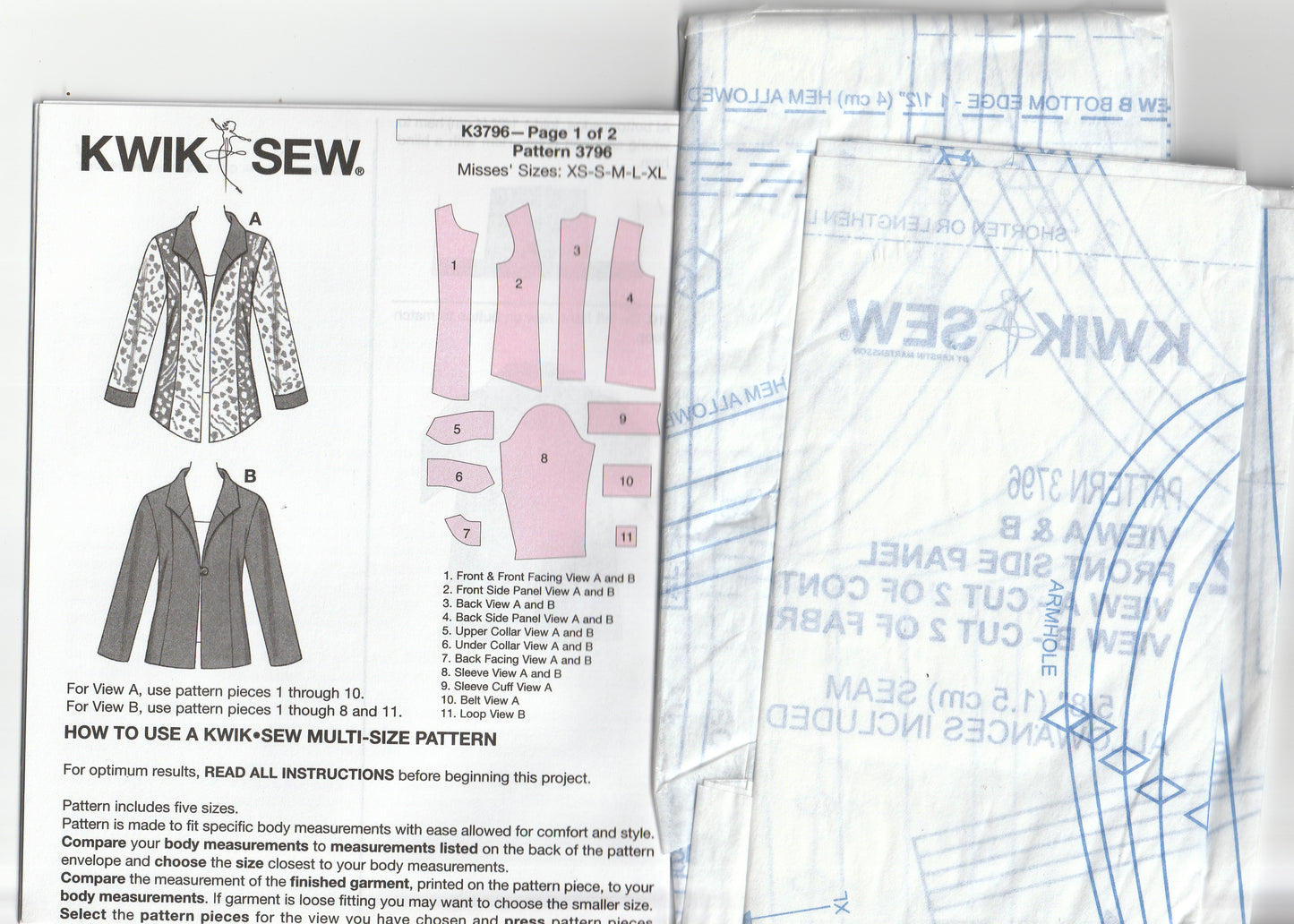Kwik Sew 3796 Womens Semi Fitted Jackets Out Of Print Paper Sewing Pattern Size XS - XL UNCUT Factory Folded